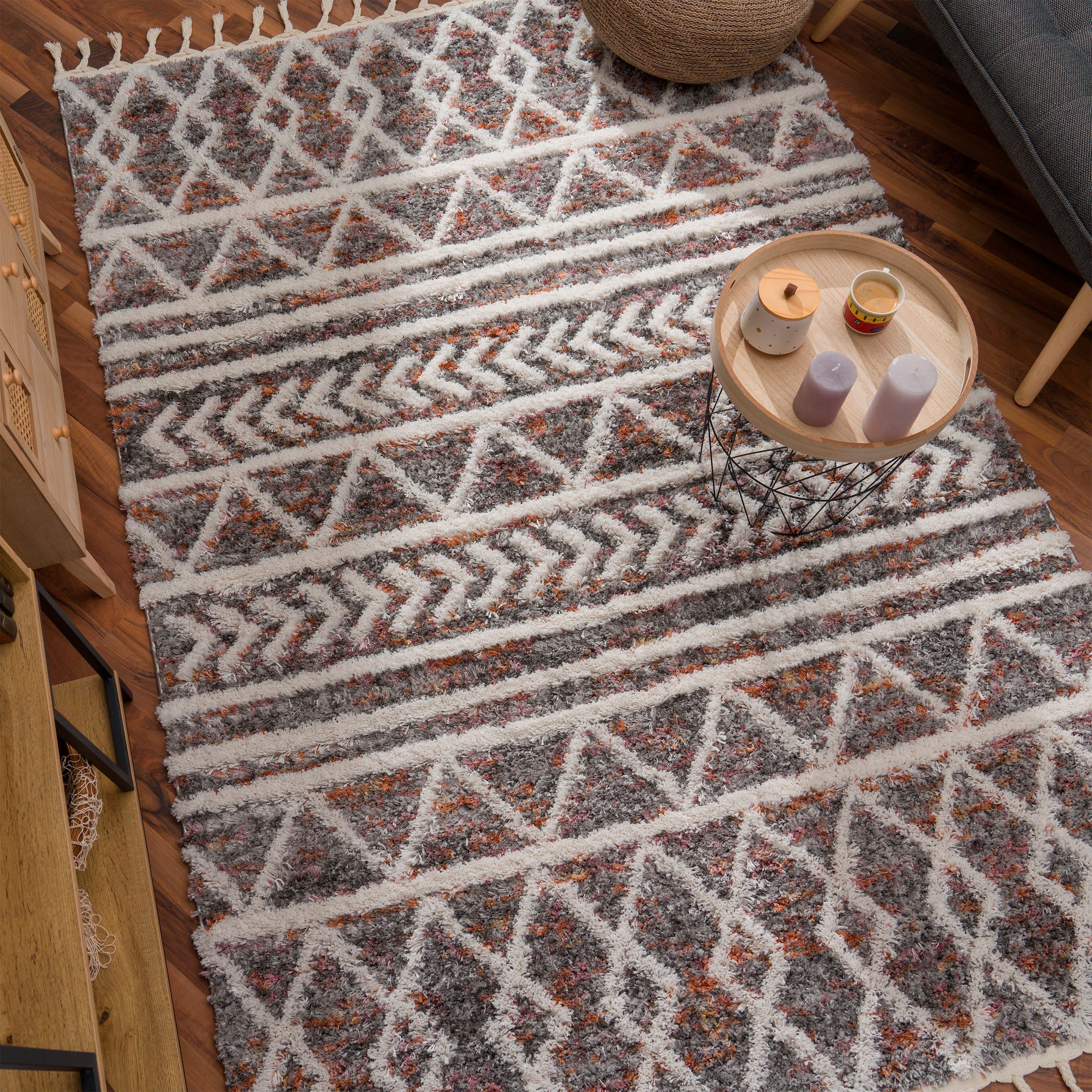 Paco Home Hochflor-Teppich »Monza 653«, rechteckig, 34 mm Höhe, meliert, Rauten Muster, 3D-Effekt, mit Fransen