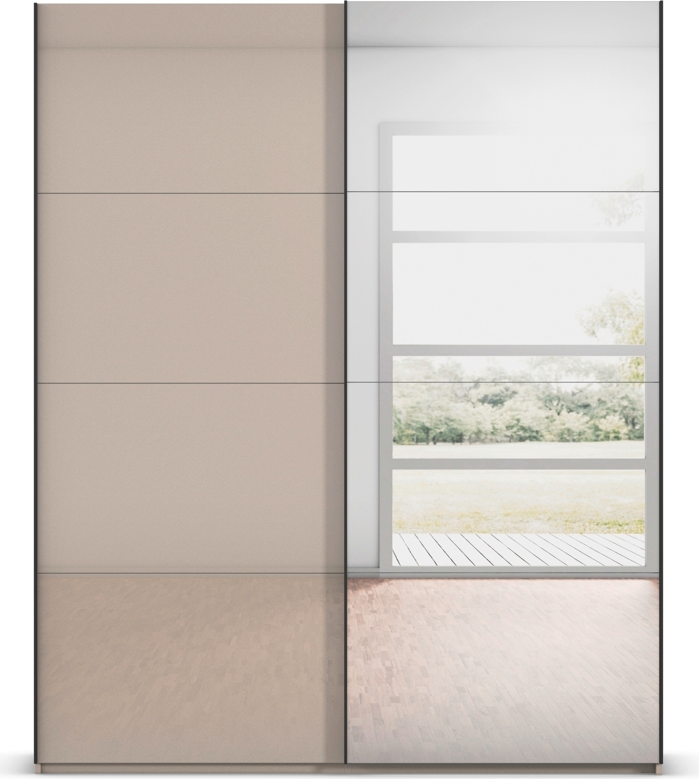 rauch Schwebetürenschrank »Kleiderschrank Schrank Garderobe Schlafzimmerschrank SCALE-FYRA« edle viergeteilte Türen Spiegel/Glas-Mix viele Farben MADE IN GERMANY