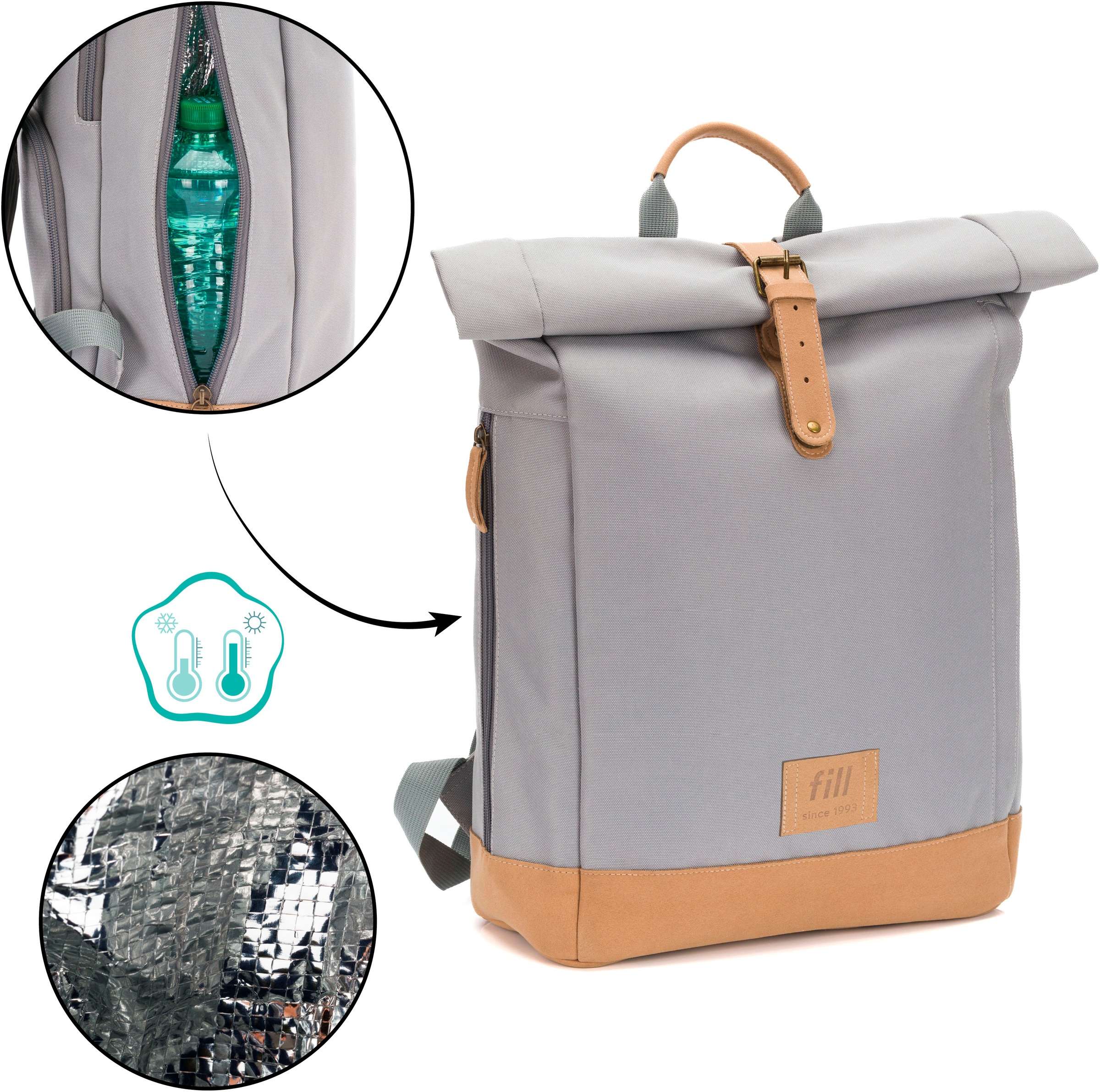 Fillikid Wickelrucksack »Rolltop Berlin grau«, Reflektoren, inkl. Wickeltunterlage