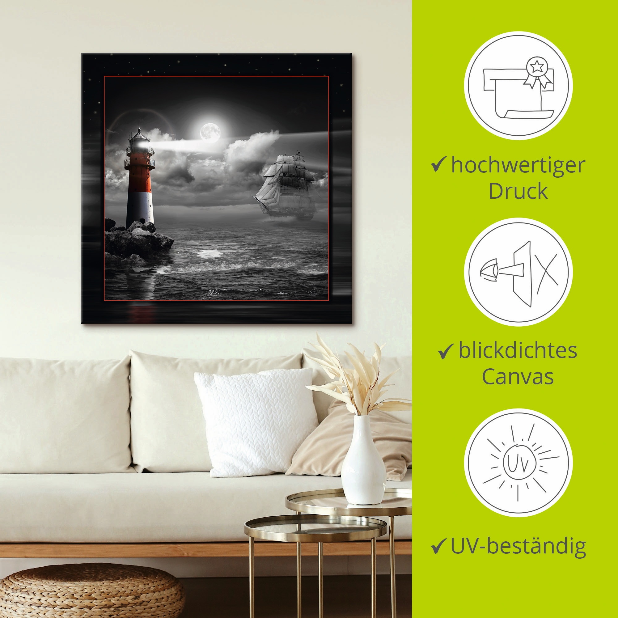 Artland Wandbild »Leuchtturm und Segelschiff im Mondschein«, Küste, (1 St.), als Leinwandbild, Poster, Wandaufkleber in verschied. Größen