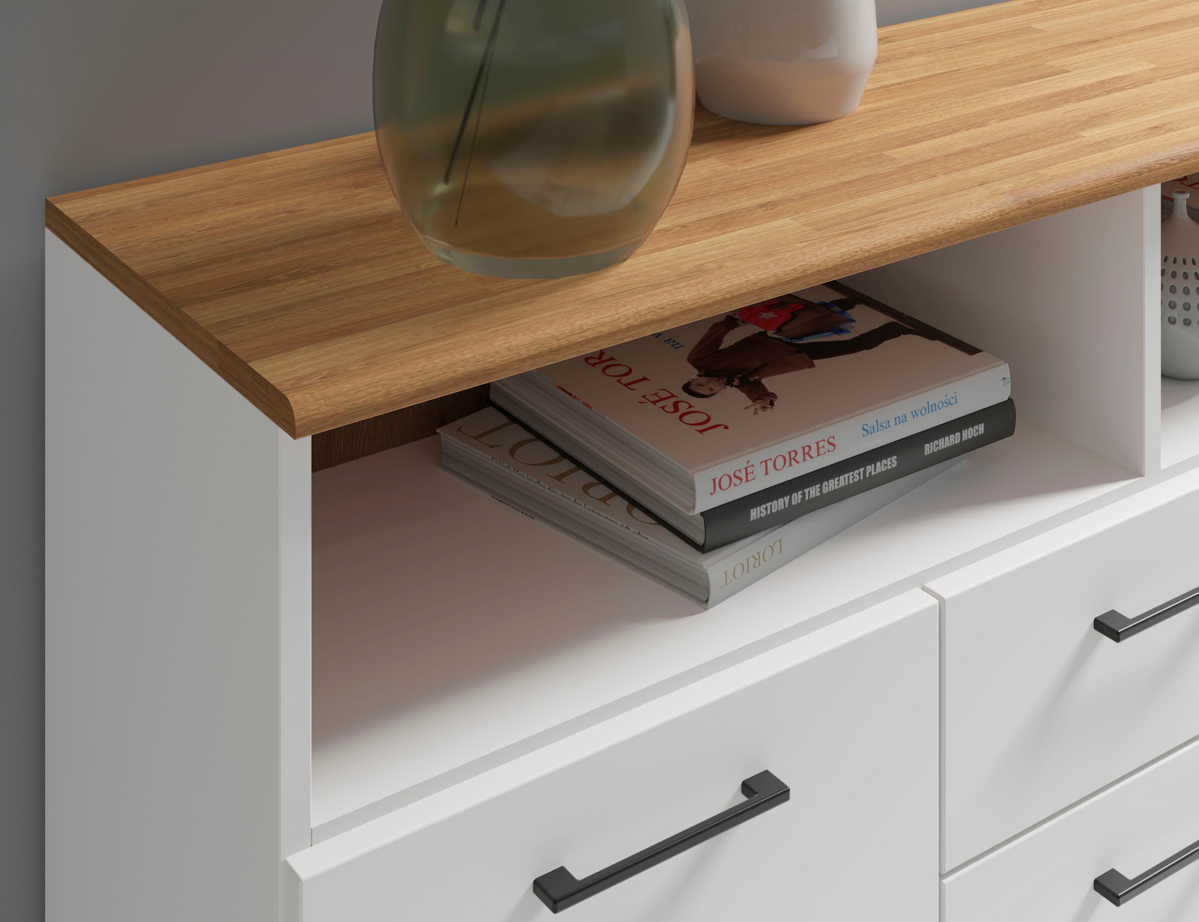 Home affaire Sideboard »Ribe,130cm breit,80cm hoch,Oberplatte Holz massiv,6 Fächer«, Oberplatte Eiche massiv,schwarze Metall Griffe
