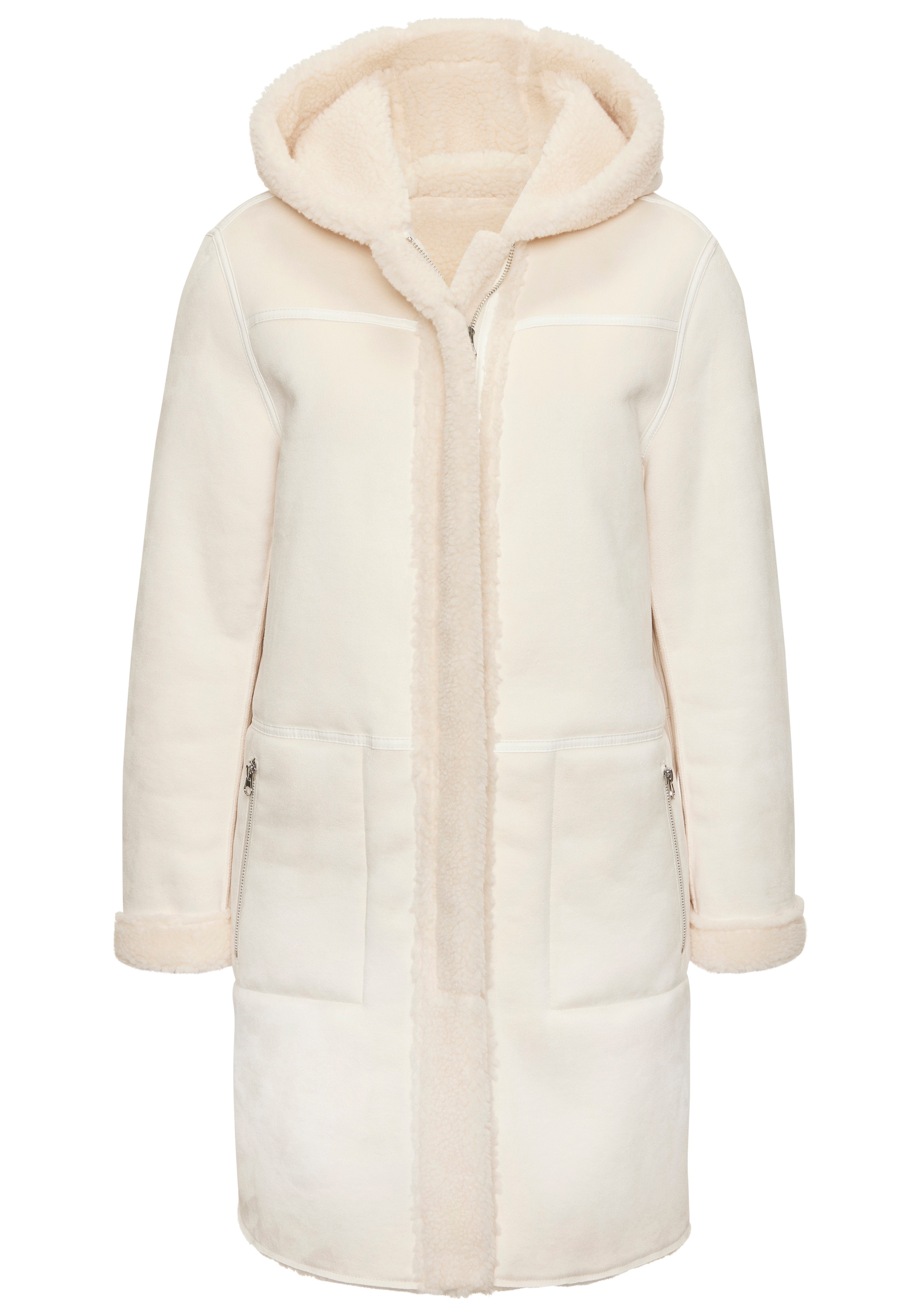 French Connection Lederimitatjacke mit Kapuze mit Teddyfutter auf der Innenseite, Shearling Jacke, Lammfelloptik