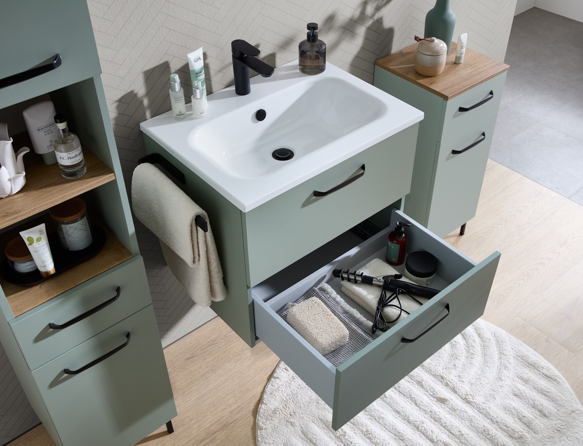 Saphir Badmöbel-Set »Quickset 500, Waschtischunterschrank mit Mineralmarmorwaschtisch« 2 Stk. tlg.