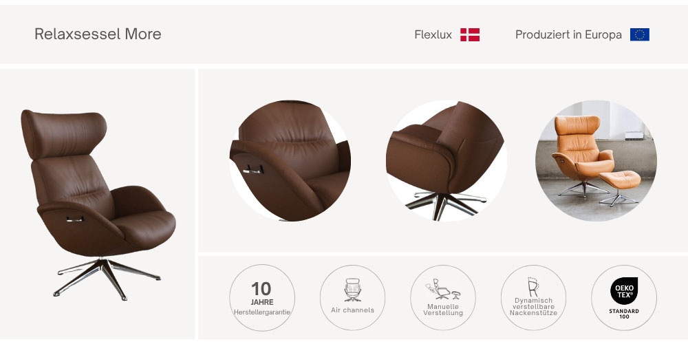 FLEXLUX Relaxsessel »Fernsehsessel More, ergonomisch, drehbar, robuster Fuß, Scandi«, Rücken- & Kopfteilverstellung, hervorragender Komfort, pflegeleicht