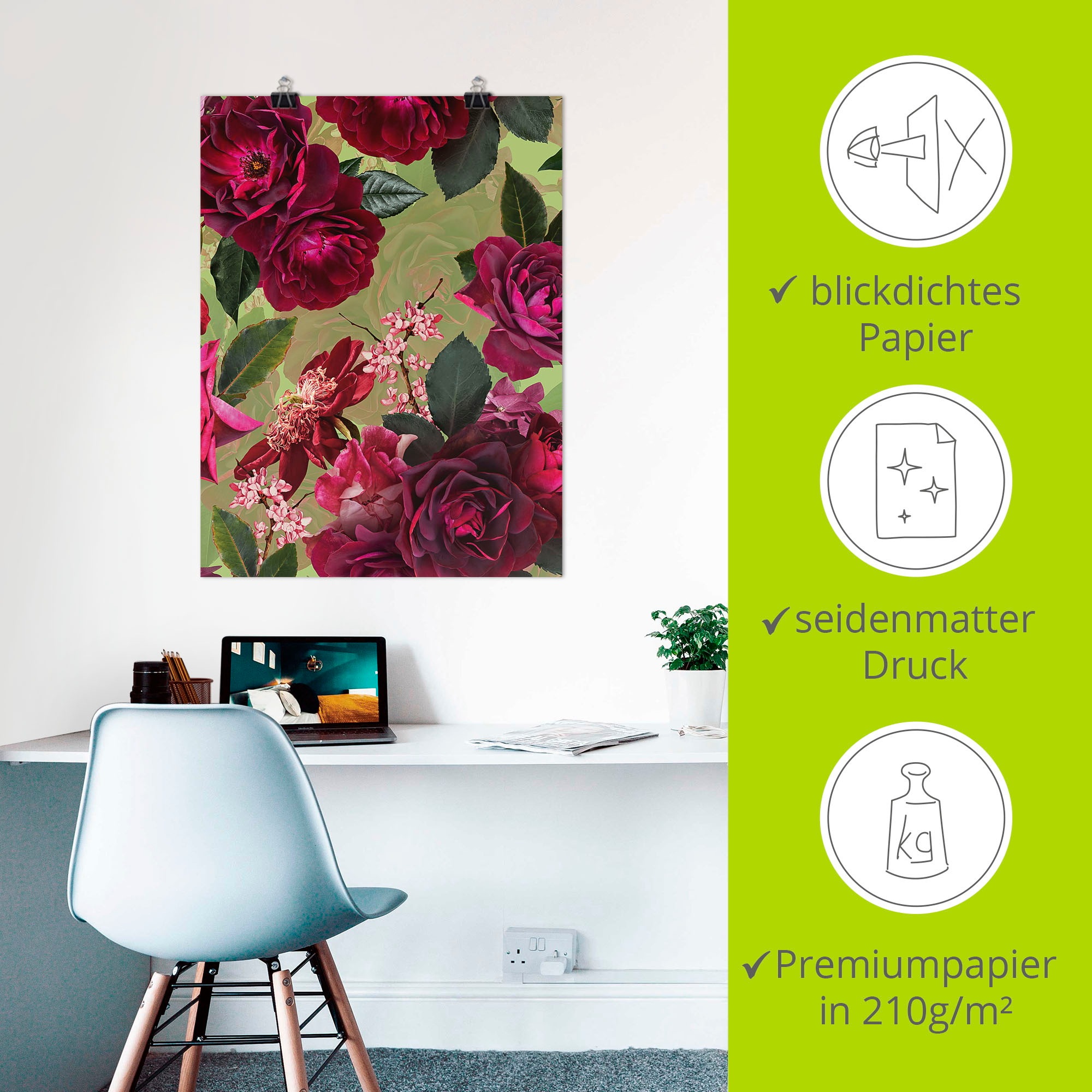 Artland Wandbild »Dunkle Rosen auf Grün«, Blumenbilder, (1 St.), als Alubild, Outdoorbild, Leinwandbild, Poster, Wandaufkleber