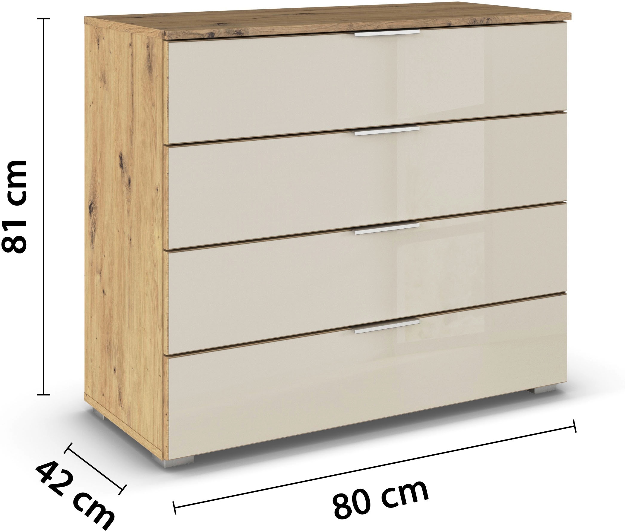 rauch Schubkastenkommode »Sideboard Schubladenkommode Schubladenkommode AGORDO mit Glasfront«, (in zwei Griff-Farben, Breite 80 cm inkl. Soft-Close-Funktion), vier große und geräumige Schubladen mit viel Stauraum MADE IN GERMANY