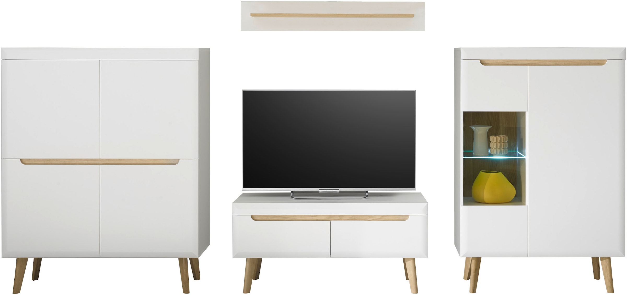 INOSIGN Wohnwand »Torge, Anbauwand, Schrankwand, Mediawand, Wohnzimmer-Set«, (Set, 4 St.), enthält 1 Vitrine, 1 Lowboard, 1 Highboard + 1 Wandboard, 344 cm breit