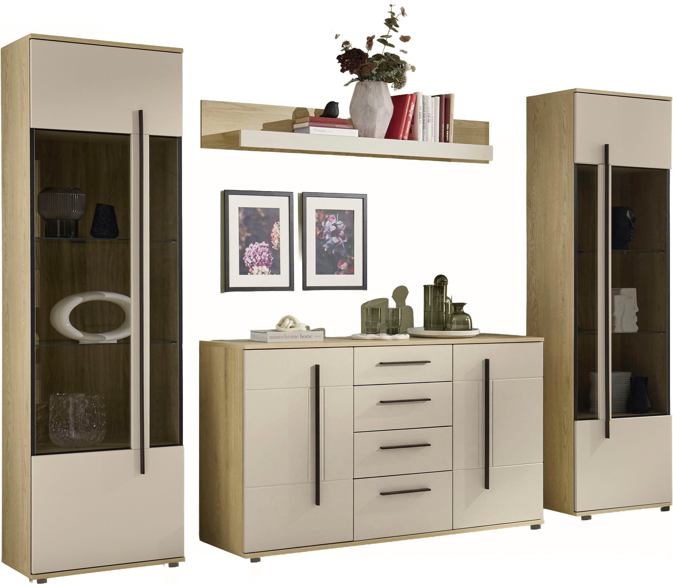 Home affaire Wohnwand »Cantara, Anbauwand, Wohnzimmer-Set, in Eiche Evoke, Weiß oder Kaschmir« Set, 