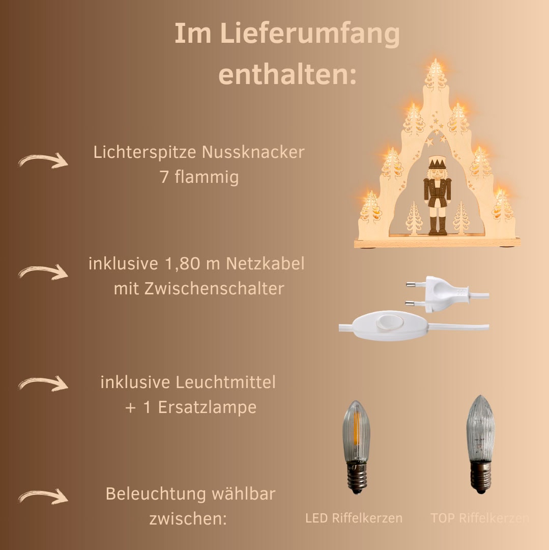 Weigla LED Schwibbogen »Nussknacker, Lichterspitze aus Holz, NATUR-BRAUN«, Erzgebirge garantiert, Weihnachtsdeko Innen, Weihnachtsbeleuchtung