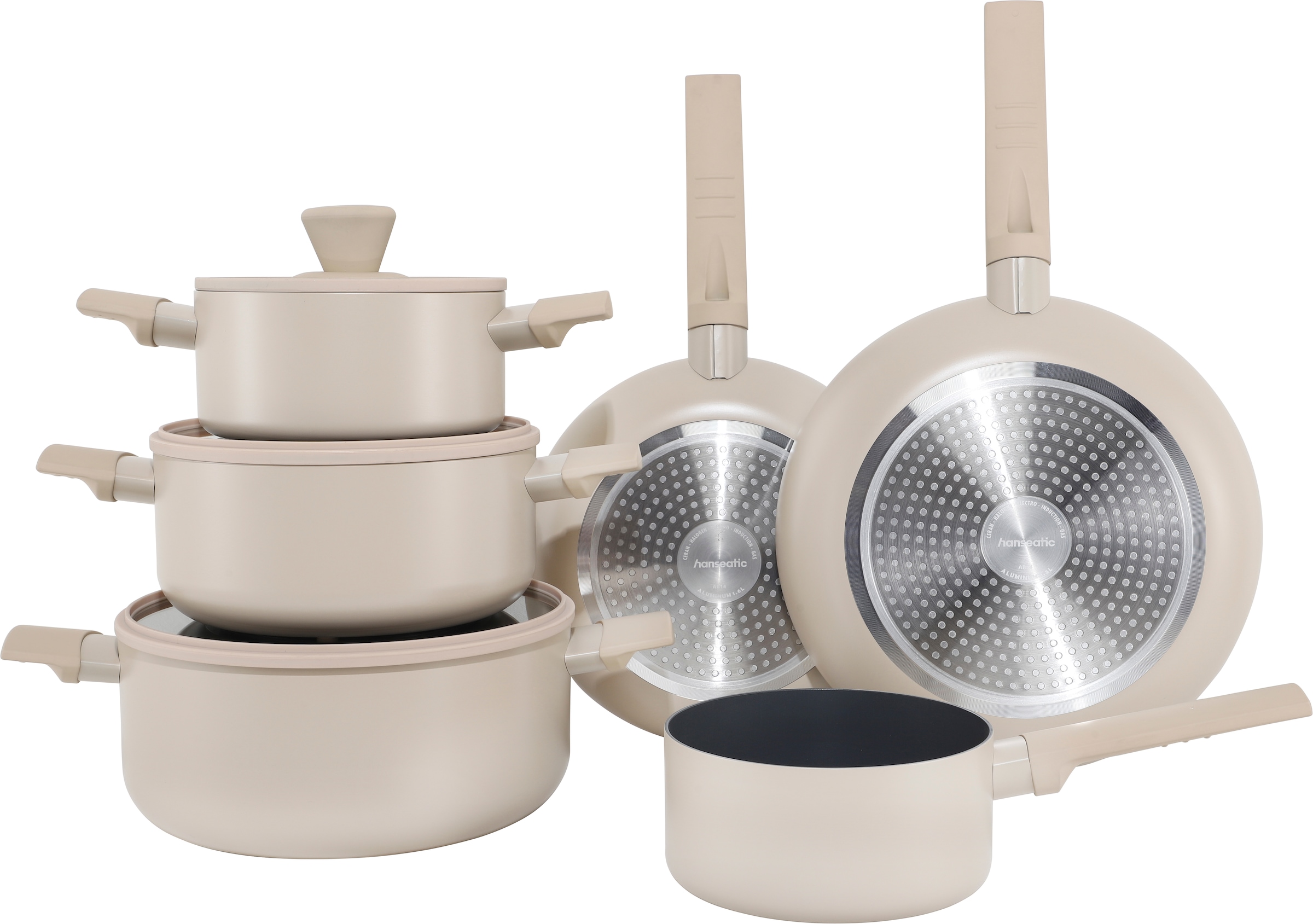 Hanseatic Topf-Set »ALU SCANDI, mit Antihaftbeschichtung« Set, Stielkasserolle 16 cm, Kochtopf 16/20/24 cm, Bratpfanne 24/28 cm, 9 tlg. Aluminium