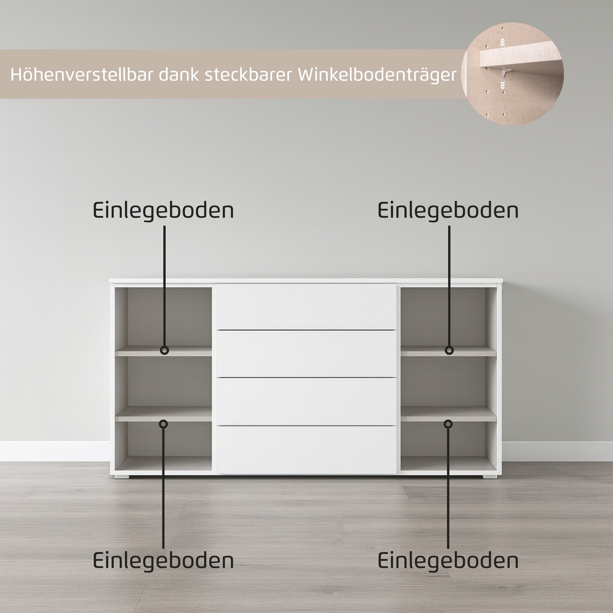 rauch Kombikommode »Sideboard Schubkommode Kommode MONTCLAR Front Dekor/Hochglanz/Glas« Breite 160 / Höhe 81 cm, 2 Einlegeböden, inkl. Soft-Close-Funktion,  2-türig, 4 geräumige Schubladen, viele Griffvarianten MADE IN GERMANY