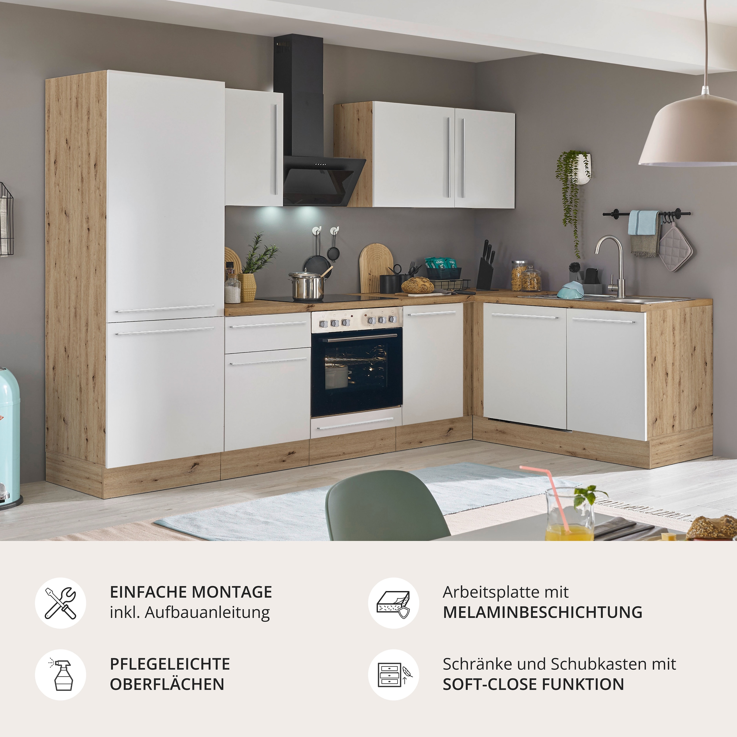 KOCHSTATION Winkelküche »Florida, Stellbreite 280x165 cm« wahlweise mit E-Geräten, mit Softclose für Türen und Schubkästen