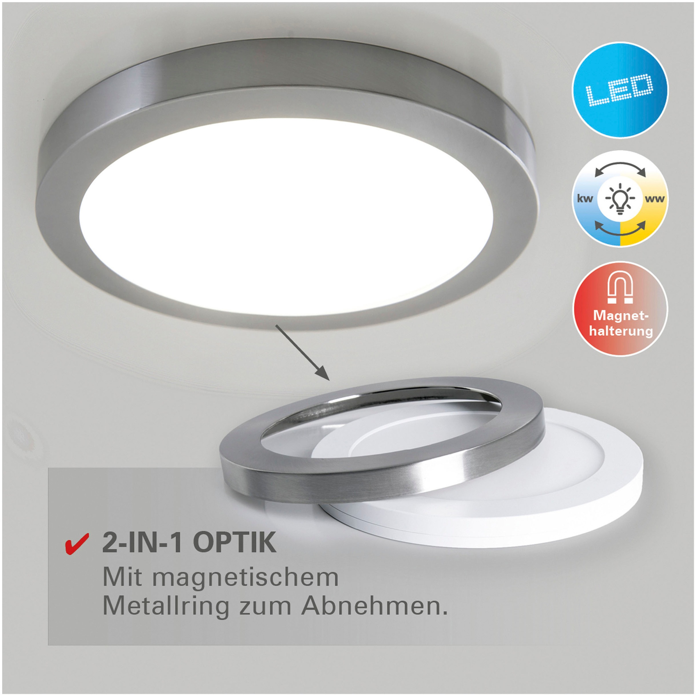 näve LED Deckenleuchte »Bonus«, 1 flammig, Leuchtmittel LED-Modul | LED fest integriert, 3 Lichtfarben, 2-in-1-Optik,Ring chrome magetisch abnehmbar