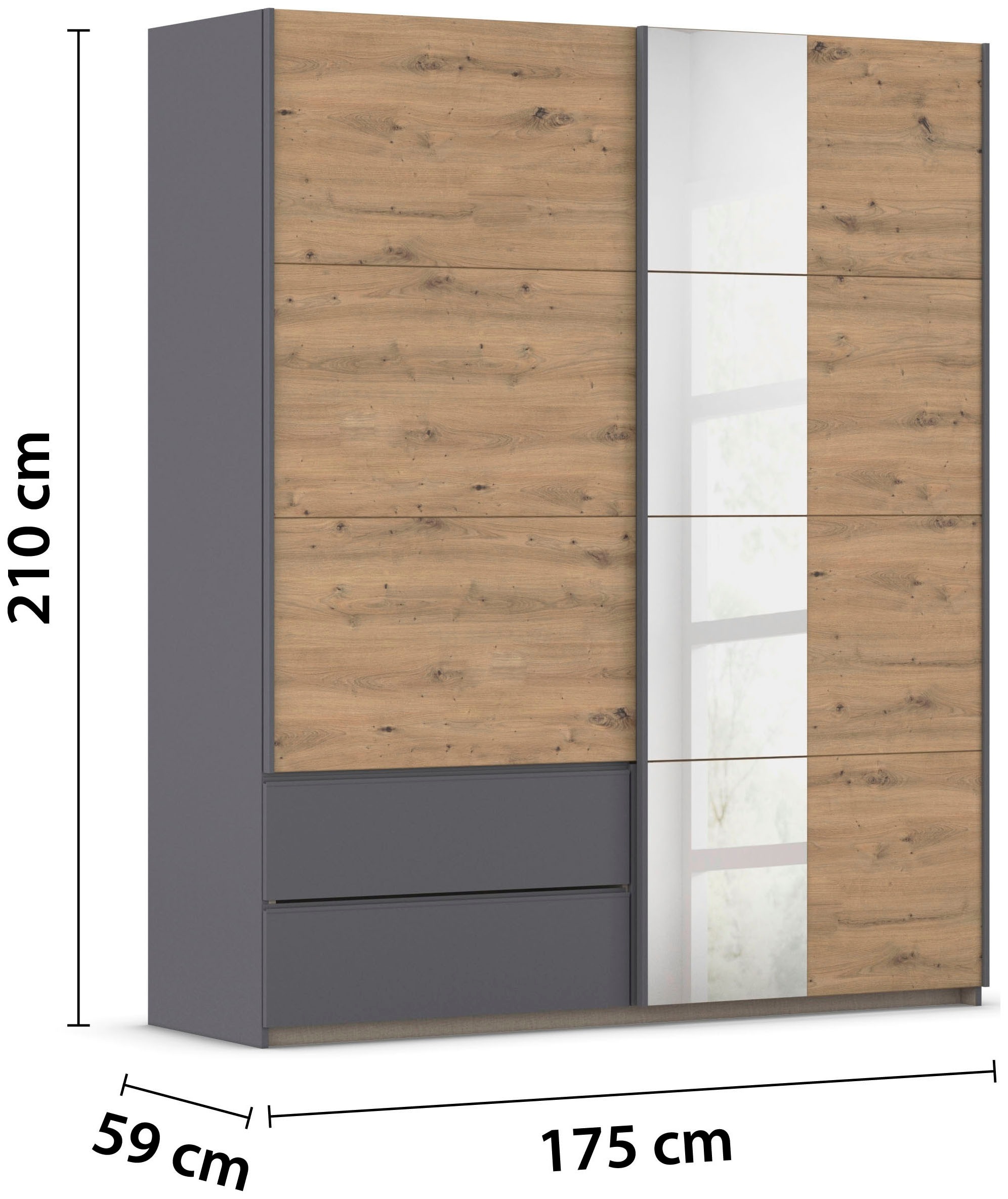 rauch Schwebetürenschrank »Kleiderschrank Schrank Garderobe Wäscheschrank SEVILLA mit Spiegel«, (in 3 verschiedenen Ausstattungen BASIC/CLASSIC/PREMIUM), Metall-Griffleisten alufarben oder Graumetallic MADE IN GERMANY