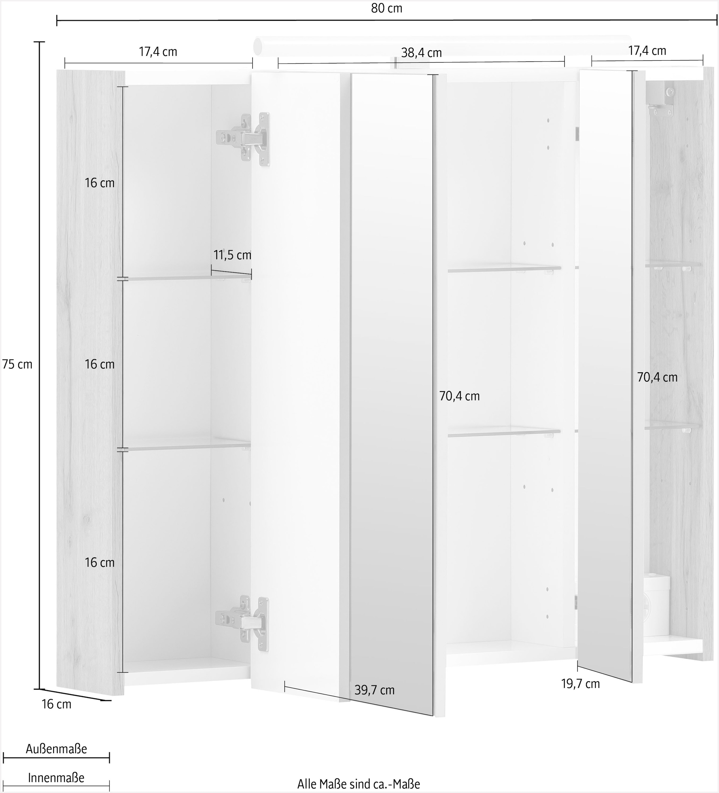Schildmeyer Spiegelschrank »Duo« Breite 80 cm, 3-türig, LED-Beleuchtung, Schalter-/Steckdosenbox