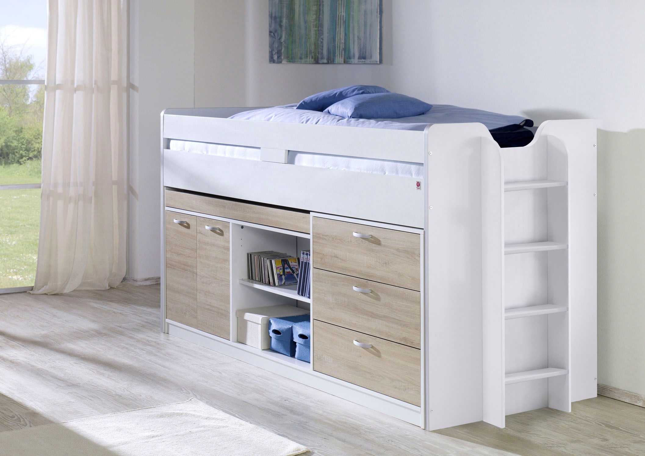 Hochbett „Robby“, LF 90 x 200 cm, mit Absturzschutz u. Stauraum, diverse Farben, weiß/struktureichefarben hell