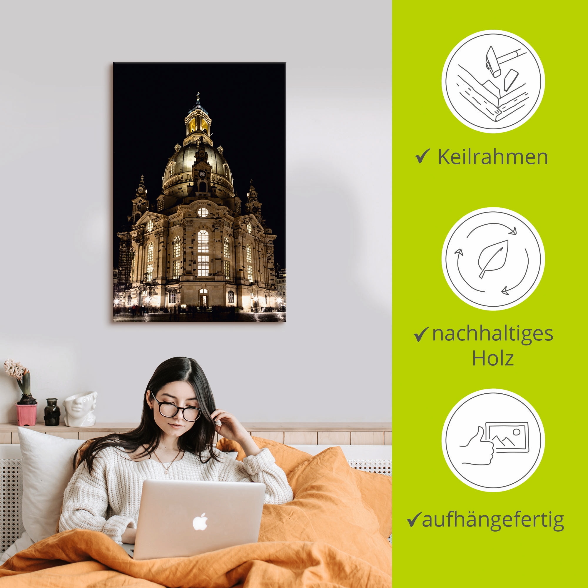 Artland Wandbild »Erleuchtete Frauenkirche in Dresden«, Gebäude, (1 St.), als Leinwandbild, Poster in verschied. Größen