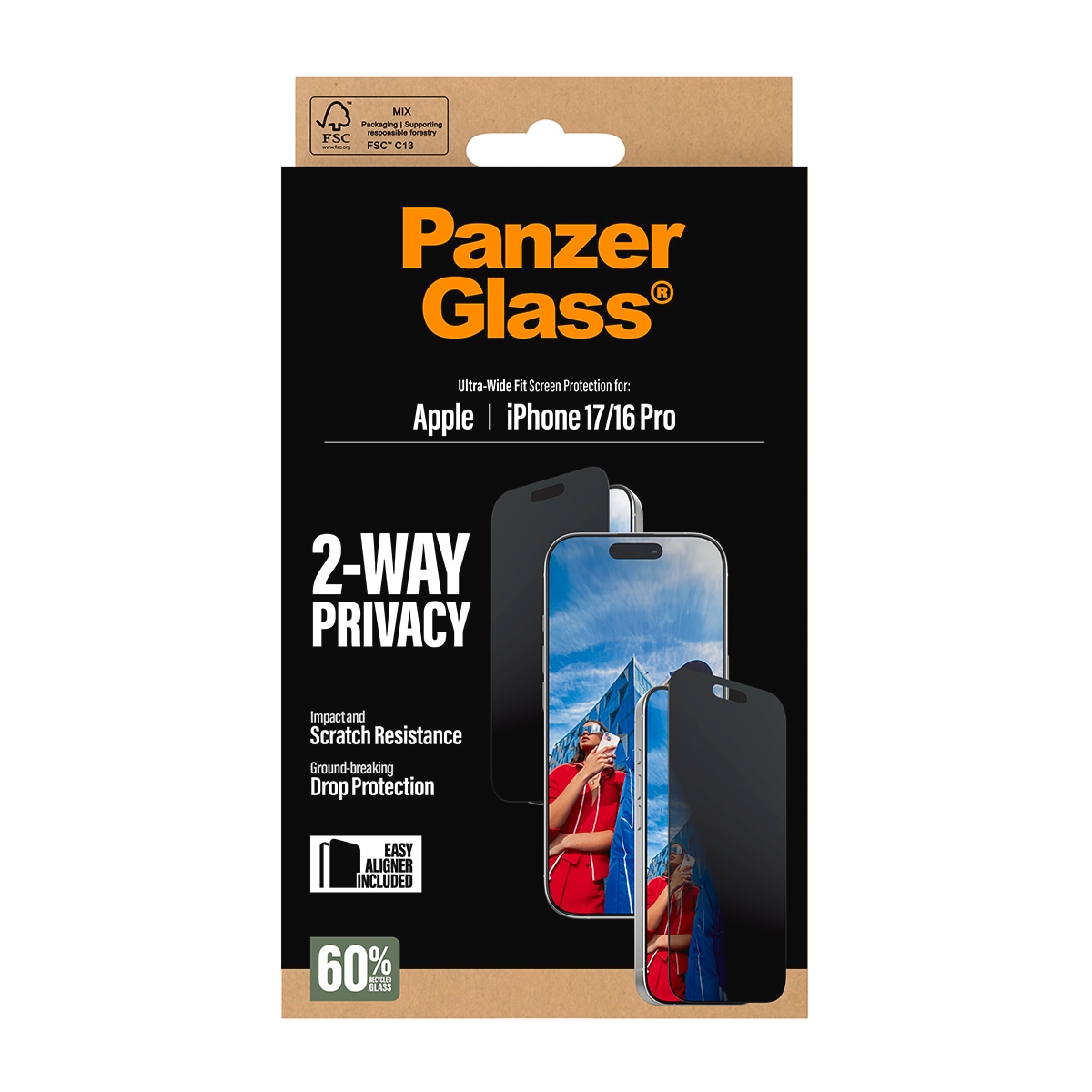 CARE by PanzerGlass Displayschutzglas »2-Way Privacy Ultra-Wide Fit Screen Protector«, für Apple iPhone 17-Apple iPhone 16 Pro, Displayschutzfolie, Schutzfolie, Bildschirmschutz, kratz- & stoßfest