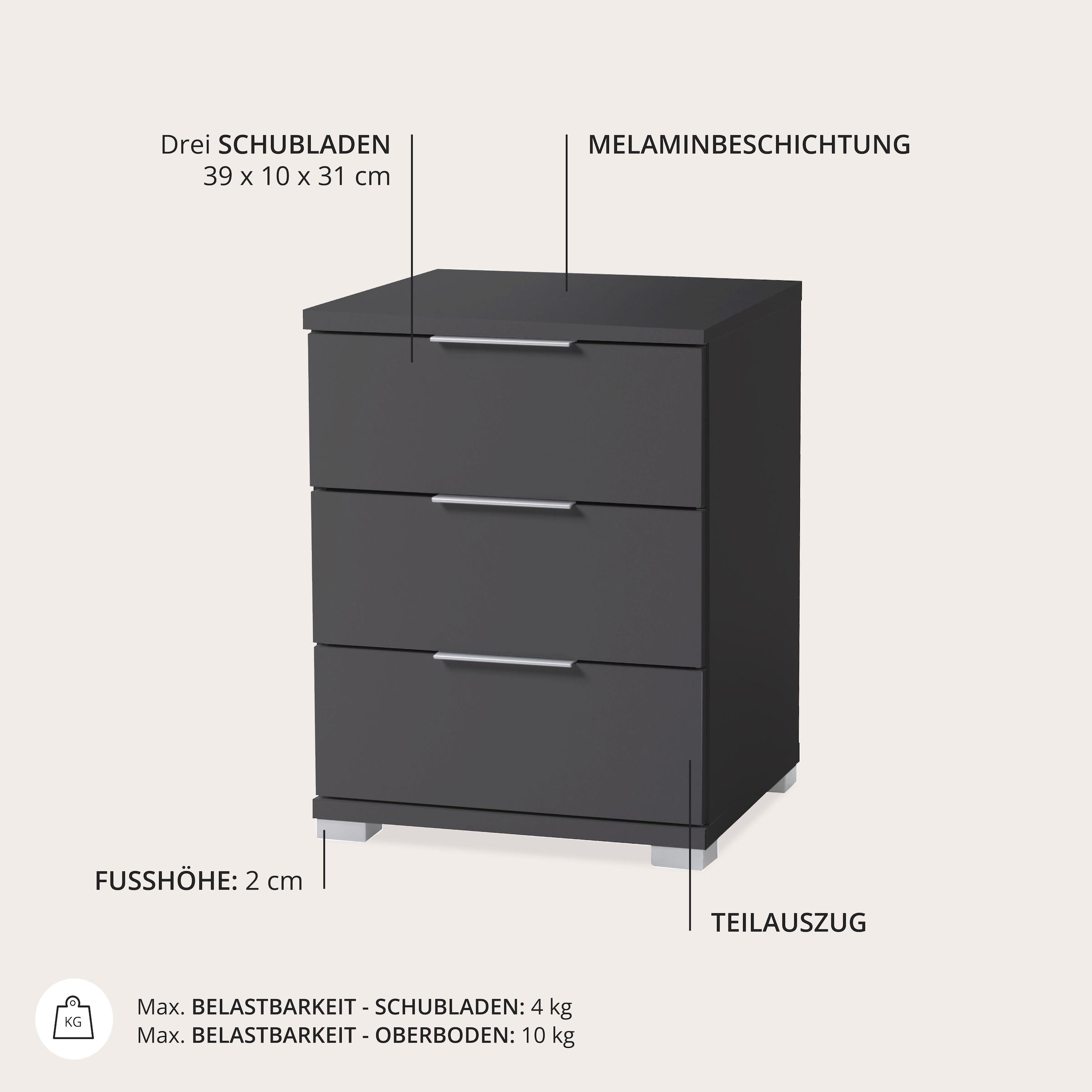 Schlafkontor Nachtkommode »Smilla Nachttisch, Nachtkonsole mit Schubkästen« Korpus melaminbeschichtet, silberfarbige oder schwarze Griffe