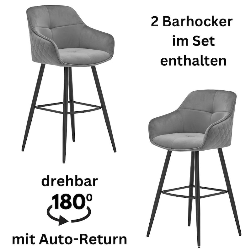 STOLKOM Barhocker »Emma« Set, 2 Stk. tlg. Komfortsitzhöhe 73 cm, 180°drehbar Auto Return funktion grau/schwarz