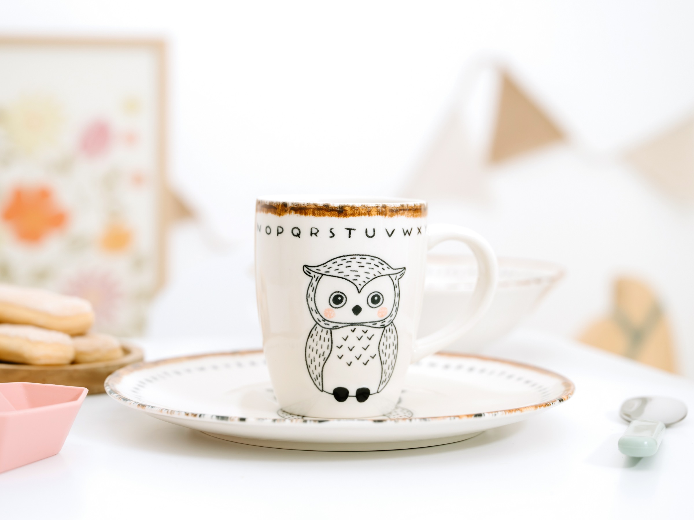 CreaTable Kindergeschirr-Set »Freunde des Waldes Eule, Kinder Set 3-tlg.« Tiermotive, skandinavischer Stil, unregelmäßiger brauner Rand