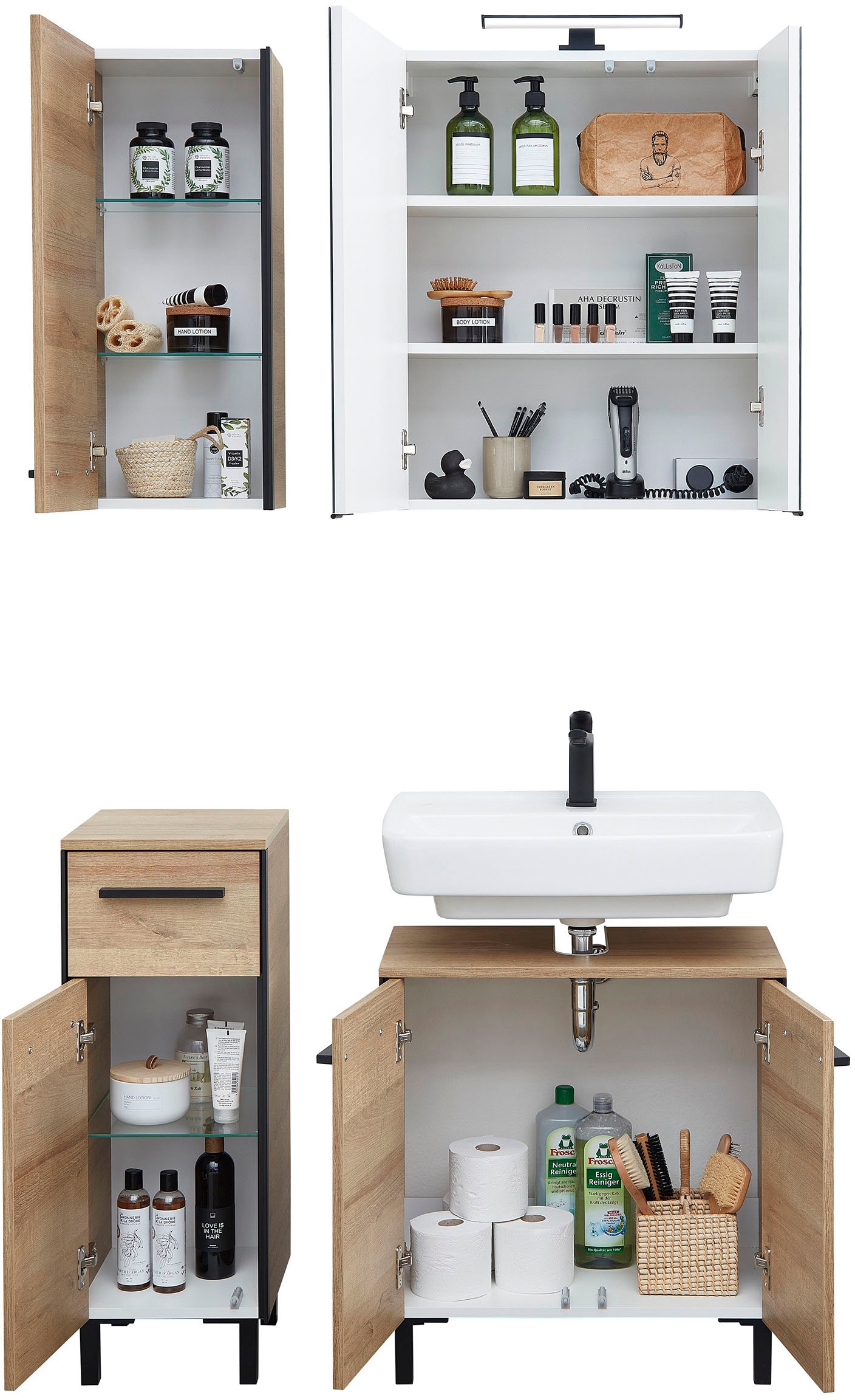 Saphir Badmöbel-Set »Quickset 395 4-teilig, Waschbeckenunterschrank mit LED-Spiegelschrank«, (4 St.), Unterschrank, Hängeschrank inkl. Türdämpfer, 6 Türen, 1 Schublade