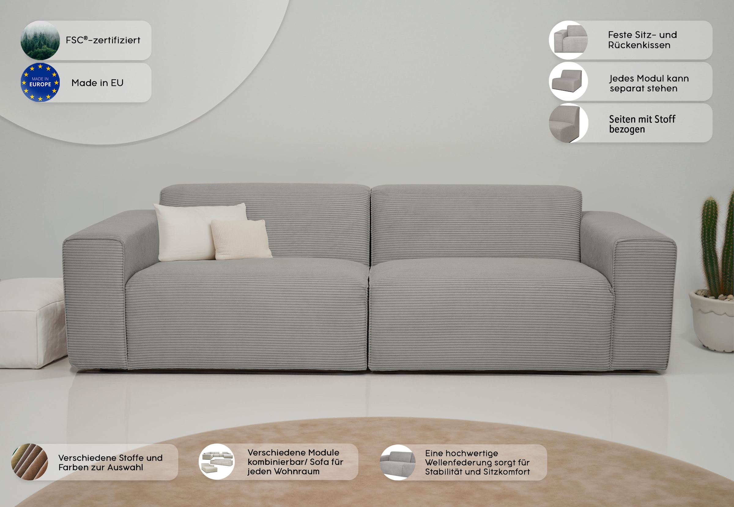 OTTO home 3-Sitzer »Koa, 228 cm, Modulsofa in Cord, Chenille, Struktur, Webstoff« Designsofa, weicher Lounge-Sitzkomfort, Welleunterfederung, bodentief