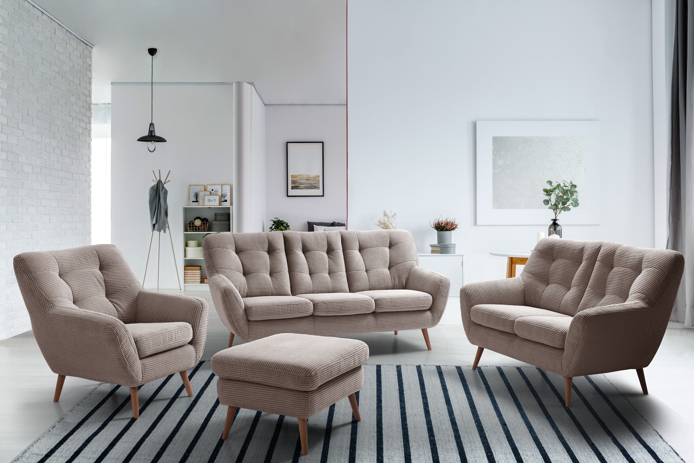 exxpo - sofa fashion 3-Sitzer »Scandi, bequem, aufwendige Rückenpolsterung für mehr Sitzkomfort«, aktuelle Farben in hochwertigen Bezugsqualitäten, Holzfuß