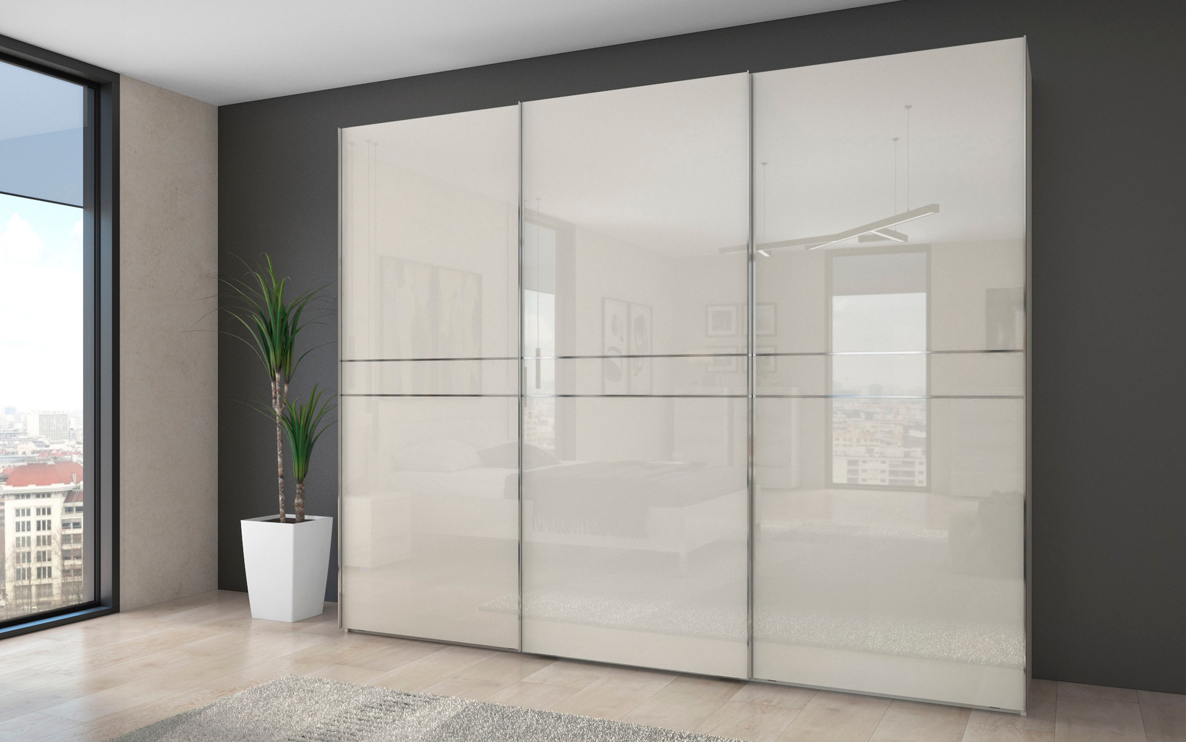 Places of Style Schwebetürenschrank »Piano, FSC-zertifiziert, mit Einlegeböden und Kleiderstangen«, (in 3 Breiten, 224cm hoch), UV lackiert, hochglänzend, mit Soft-Close Funktion, in beige oder weiß