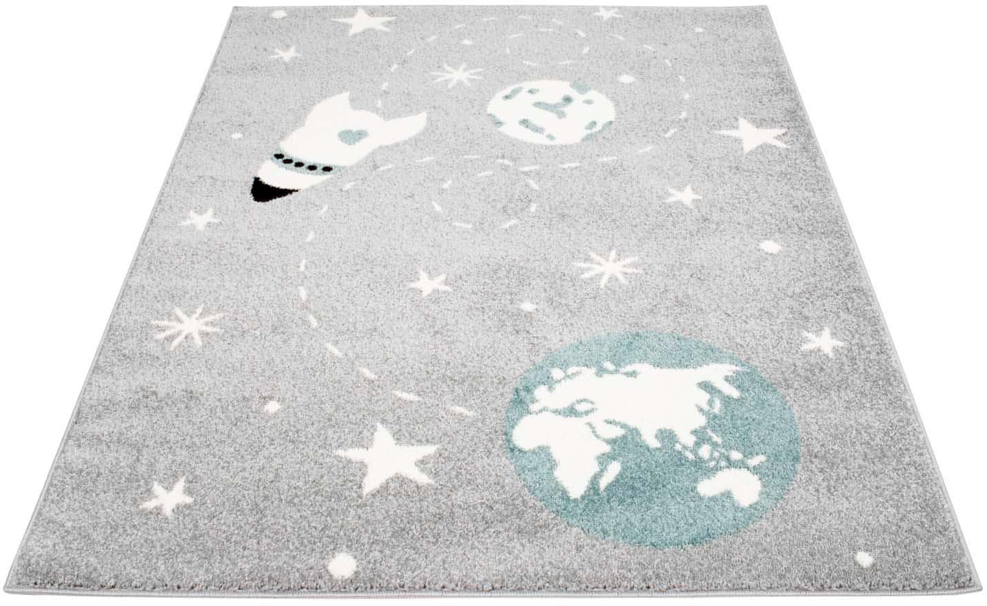 Carpet City Kinderteppich »Bubble Kids 1319«, rechteckig, Spielteppich, Weltall, Rakete, Weicher Flor, Pflegeleicht