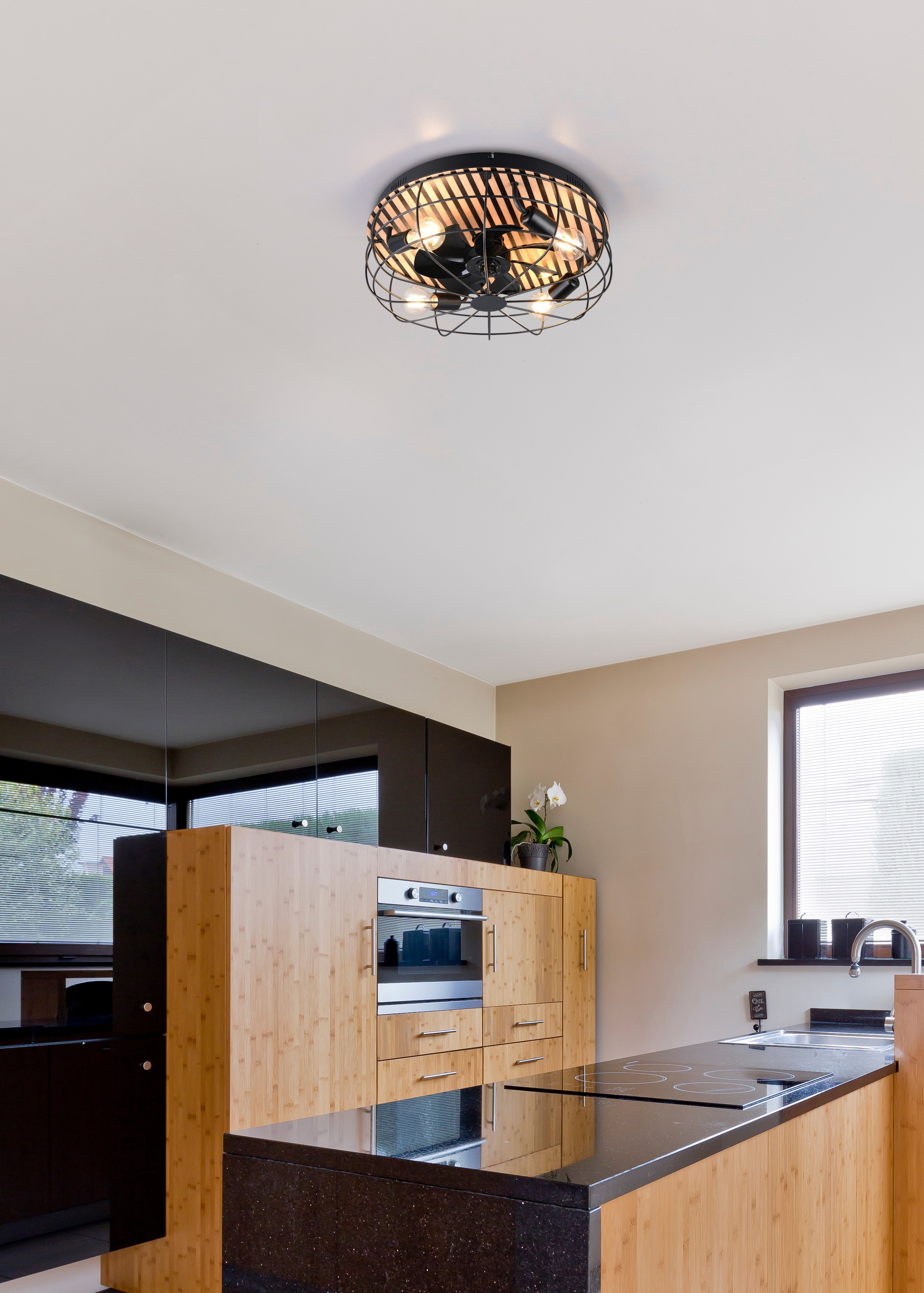 Leonique Deckenleuchte »Nilux mit Ventilator, Deckenventilator mit Licht exkl 4x E27 max 10W«, 4 flammig, Leuchtmittel E27 | Leuchtmittel wechselbar, Holzstreifen Optik Akustikpaneel, Fernbedienung, 3 Stufen + Timer