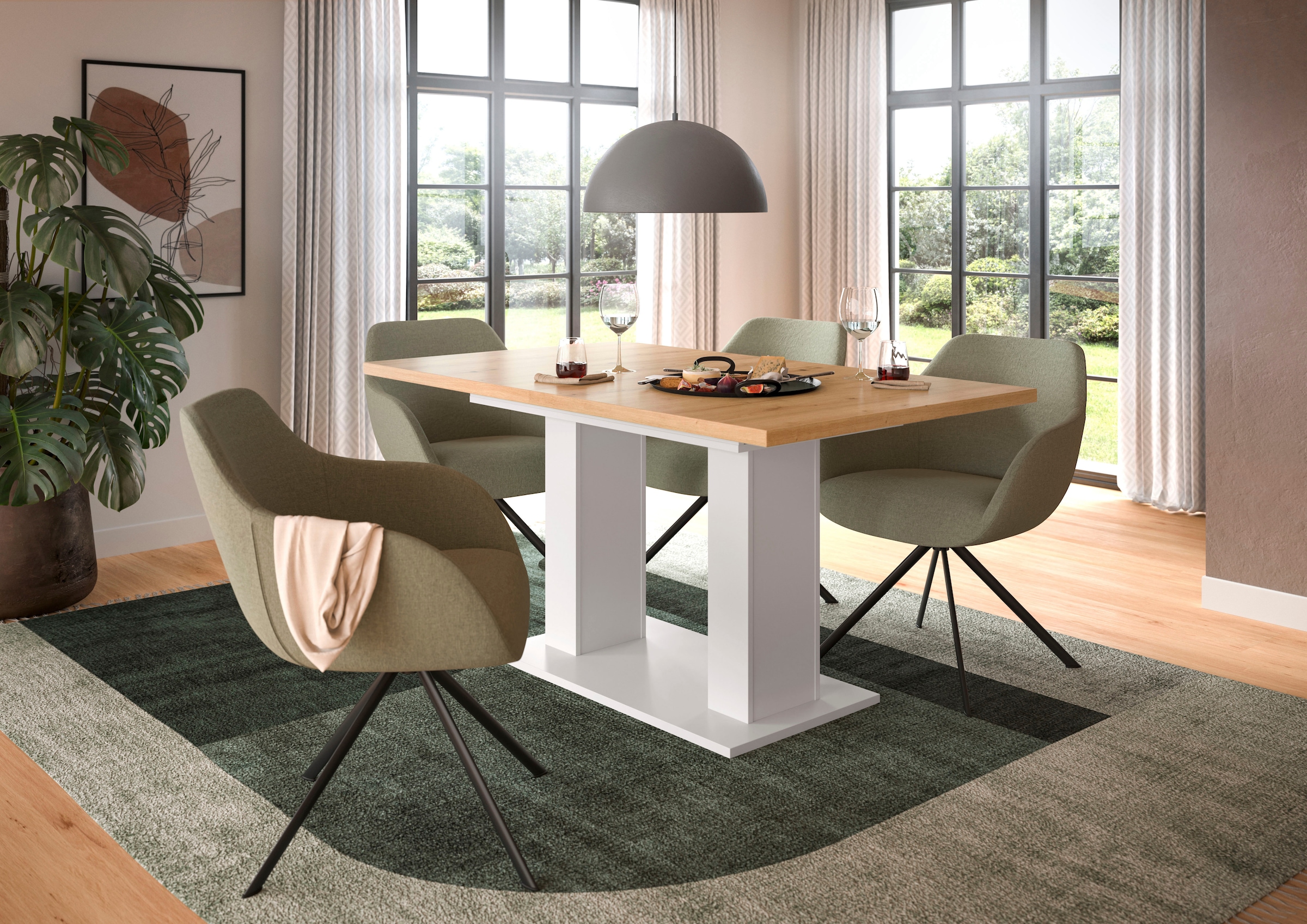 INOSIGN Esstisch »Motus, ausziehbar 150 -190 cm, inklusive 40 cm Einlegeplatte«, (Set, 1 St.), Doppelsäulengestell mit Bodenplatte, Tisch, Esstisch, Küche