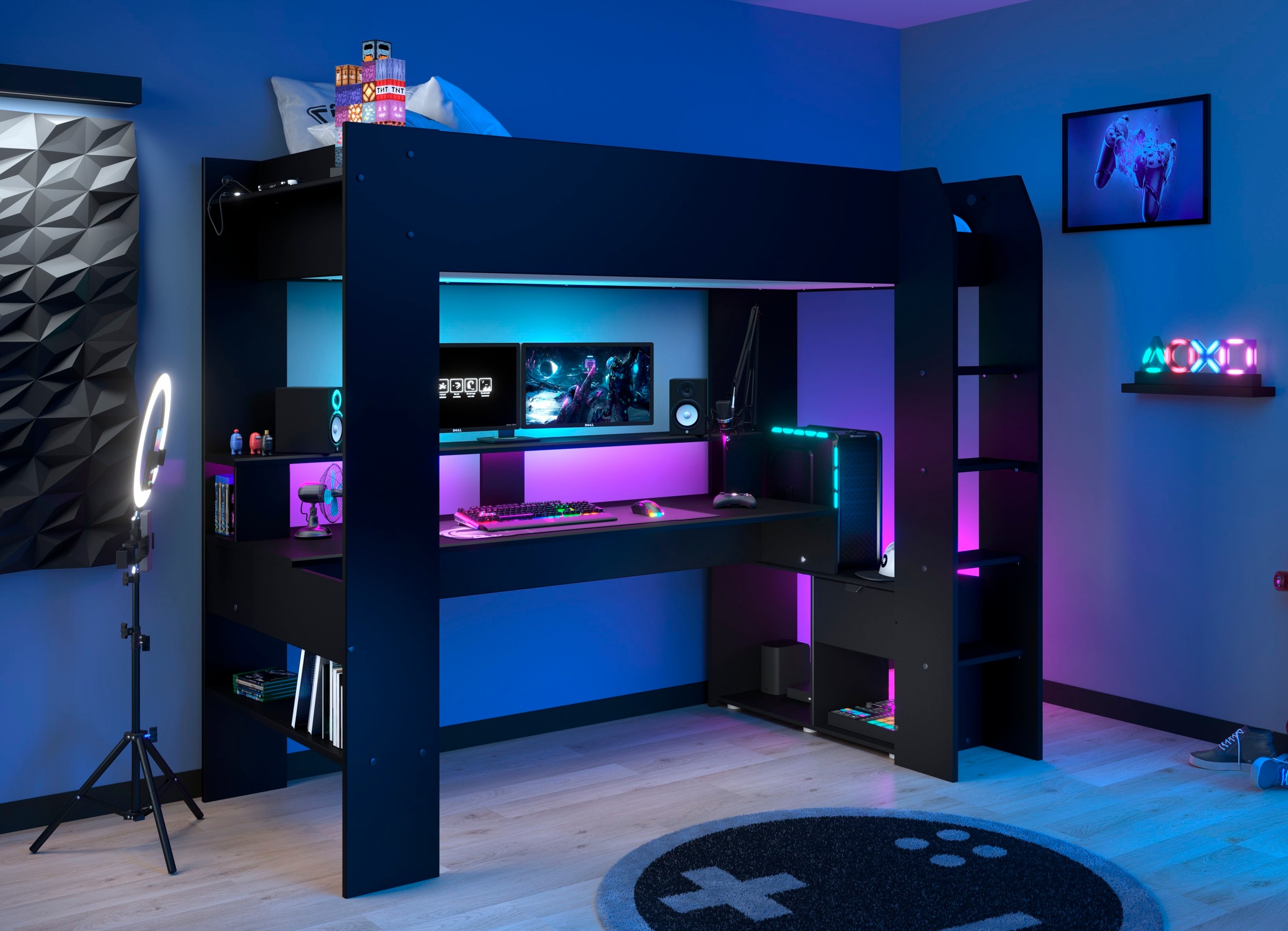Parisot Hochbett »Gaming-Bett, mit Schreibtisch, USB Anschluss, LED, viel S günstig online kaufen