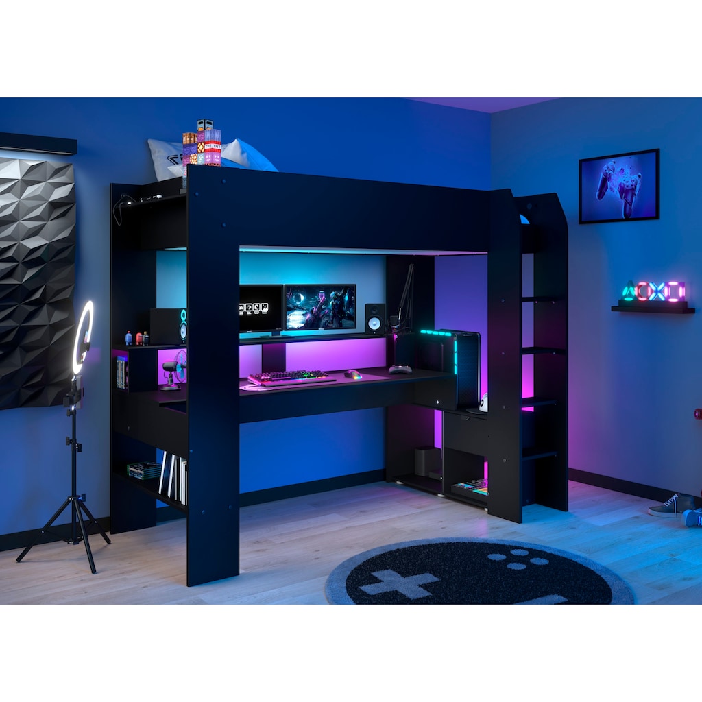 Parisot Hochbett »Gaming-Bett, mit Schreibtisch, USB Anschluss, LED, viel Stauraum«