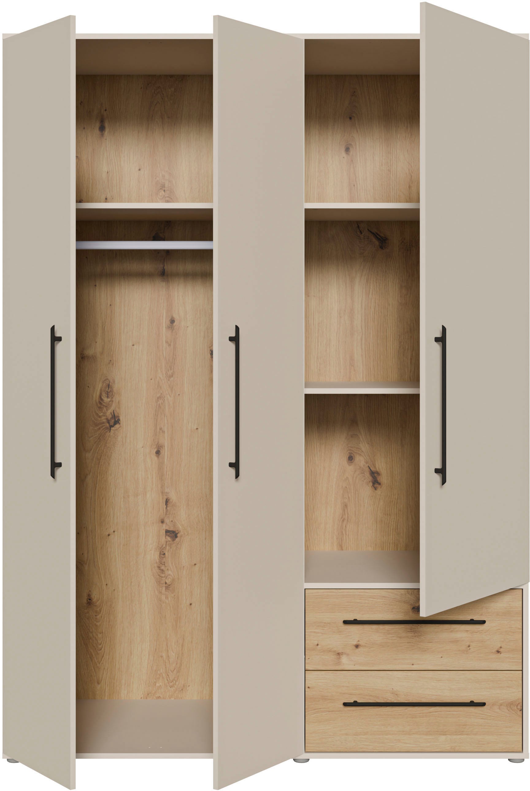 FORTE Kleiderschrank »Mokkaris ,Topseller, zeitloses Design, 3–4 Türen, Made in Europe« B/H/T ca. 145x200x59cm oder 206x200x59cm,  Schubladen + schwarze Stangengriffe, Made in Europe, viel Stauraum