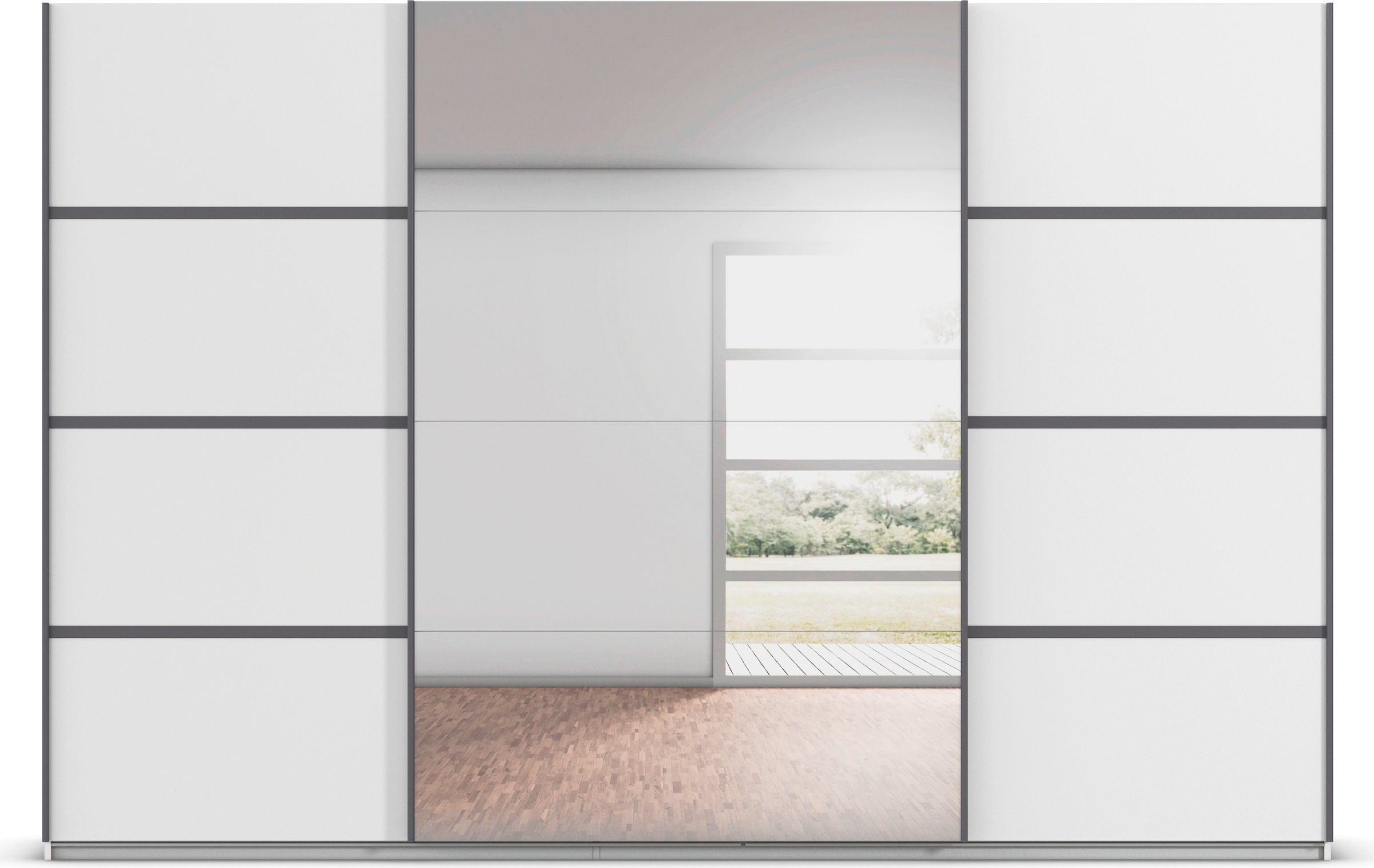rauch Kleiderschrank »Schwebetürenschrank Garderobe Schrank TOP ANGEBOT Avola«, (in 3 verschiedenen Ausstattungen BASIC/CLASSIC/PREMIUM inkl. Spiegel), mit eleganten Zierleisten in Chrom, Schwarz oder Weiß MADE IN GERMANY