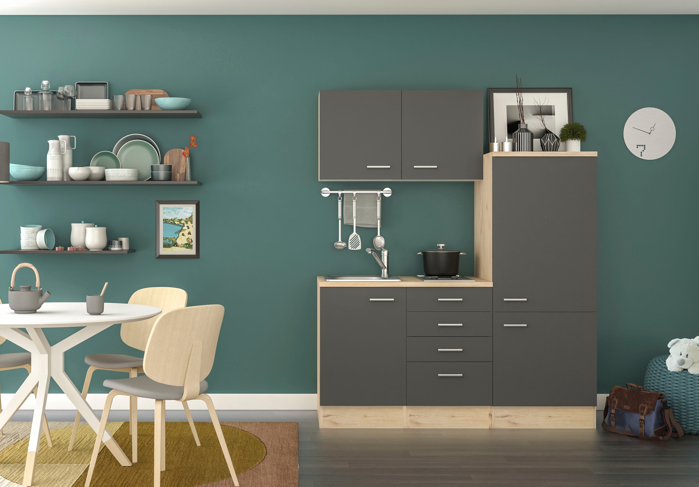 Flex-Well Küchenzeile »Morena«, Gesamtbreite 160 cm, mit Einbau-Kühlschrank, Kochfeld und Spüle, etc.