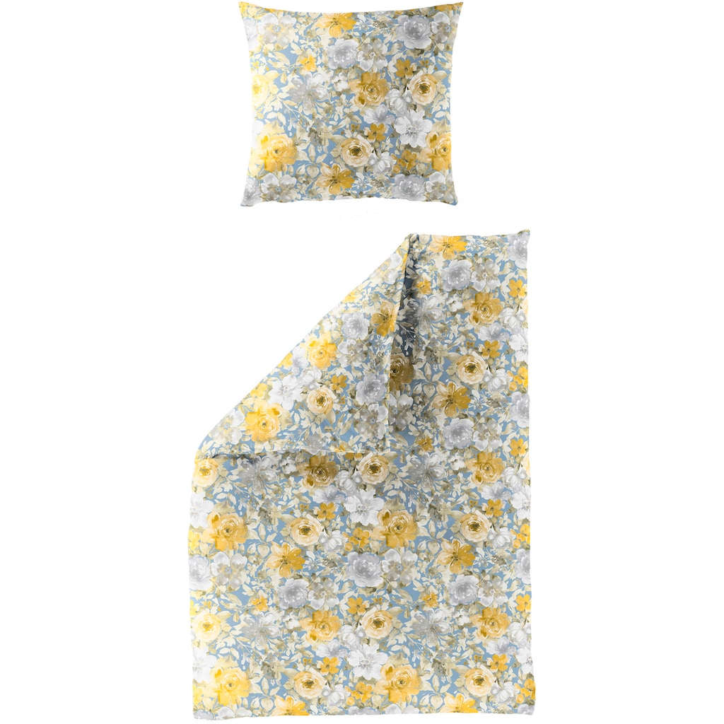 BIERBAUM Bettwäsche »Yellow Flowers«, (2 tlg.), Biber, 100 % Baumwolle, weich und kuschelig, mit Blumen, pflegeleicht