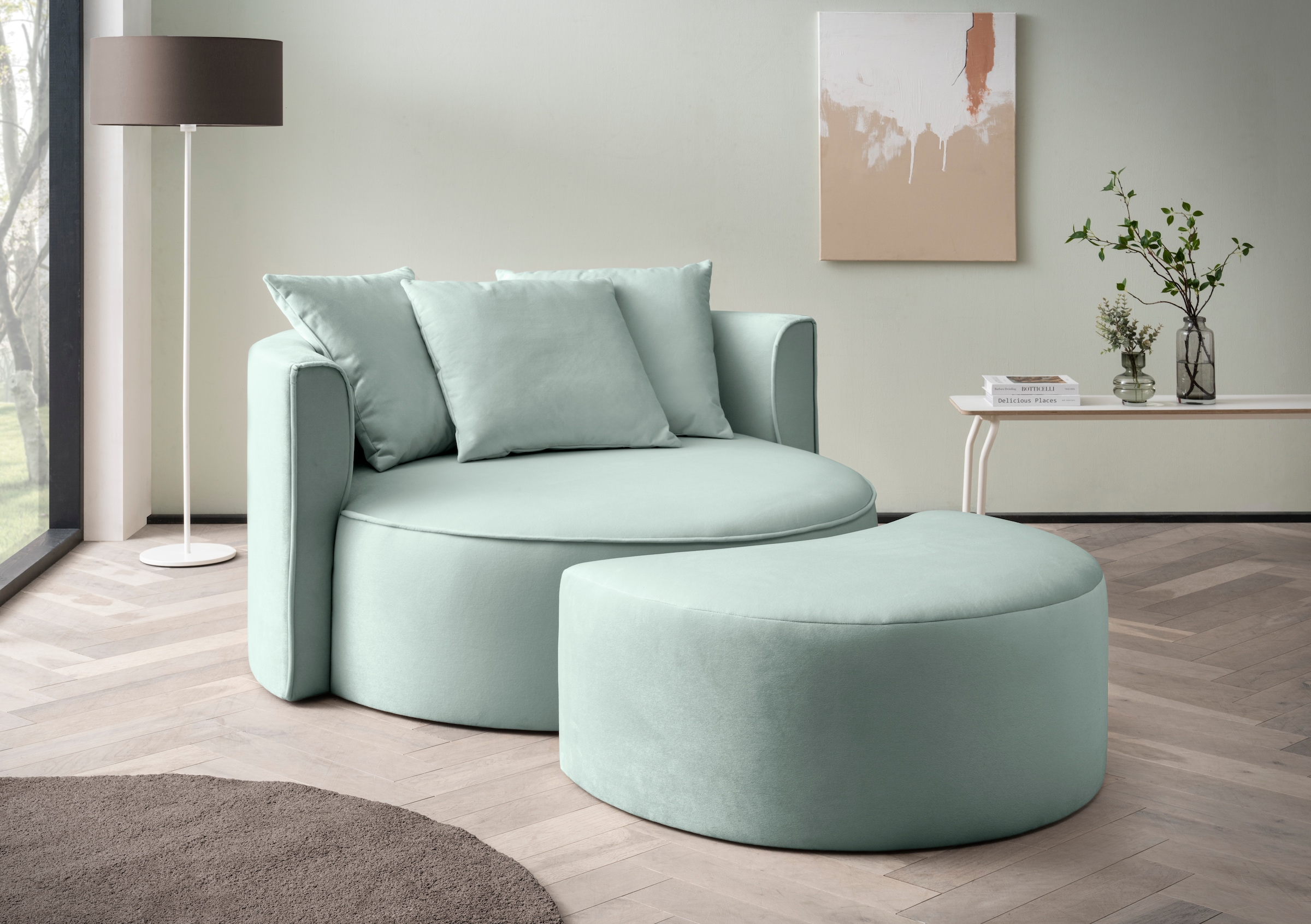 LeGer Home by Lena Gercke XXL-Sessel »ISALIE, Rundsessel mit Hocker, Lesesessel, Loveseat, Big-Sessel«, (Set), trendige Stoffe, mit 3 Zierkissen, große Sitzfläche
