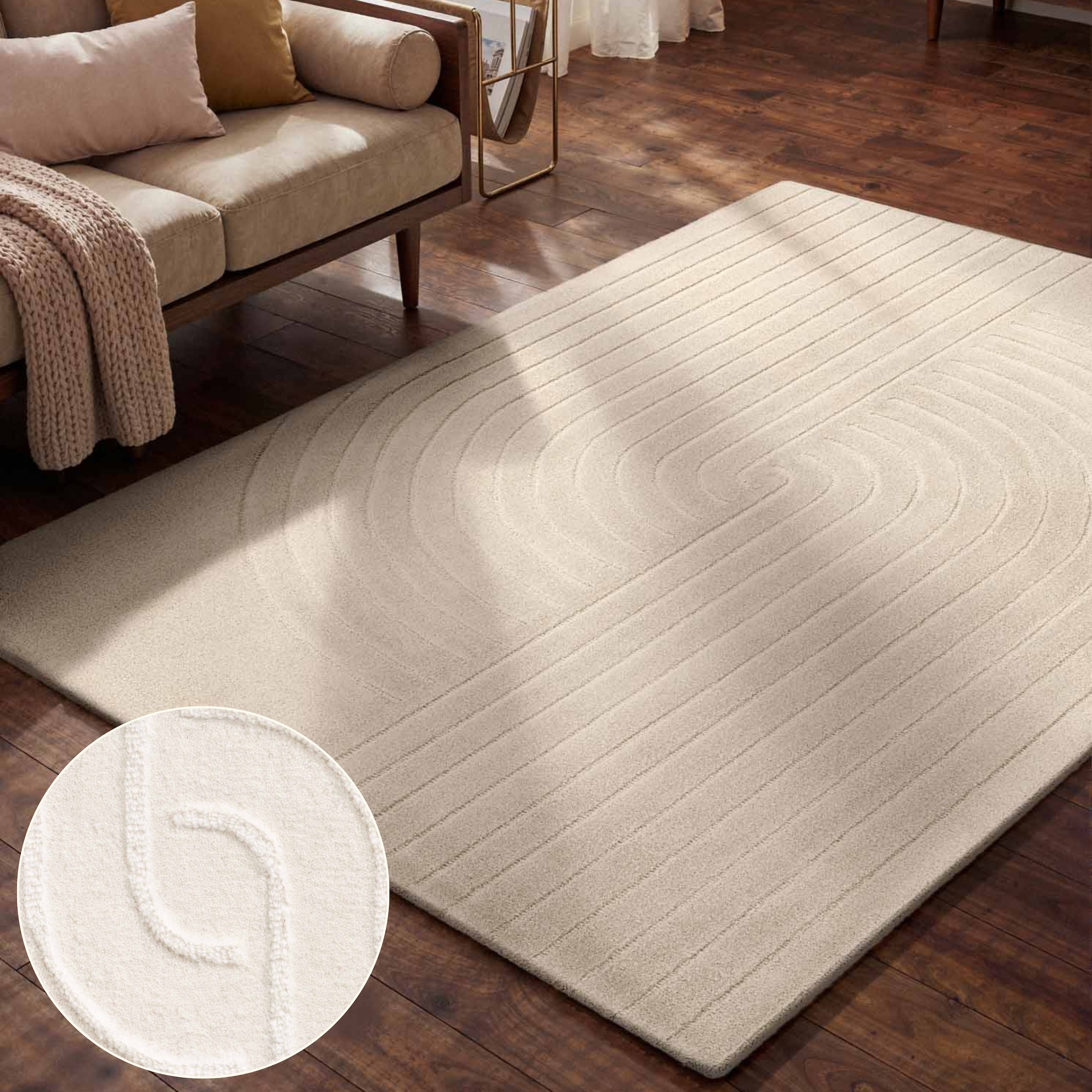 vikosa Wollteppich »Arcura« rechteckig 15 mm Höhe Wolle Handgemacht, Hoch-Tief-Effekt, Geometrisches Linien Wellendesign