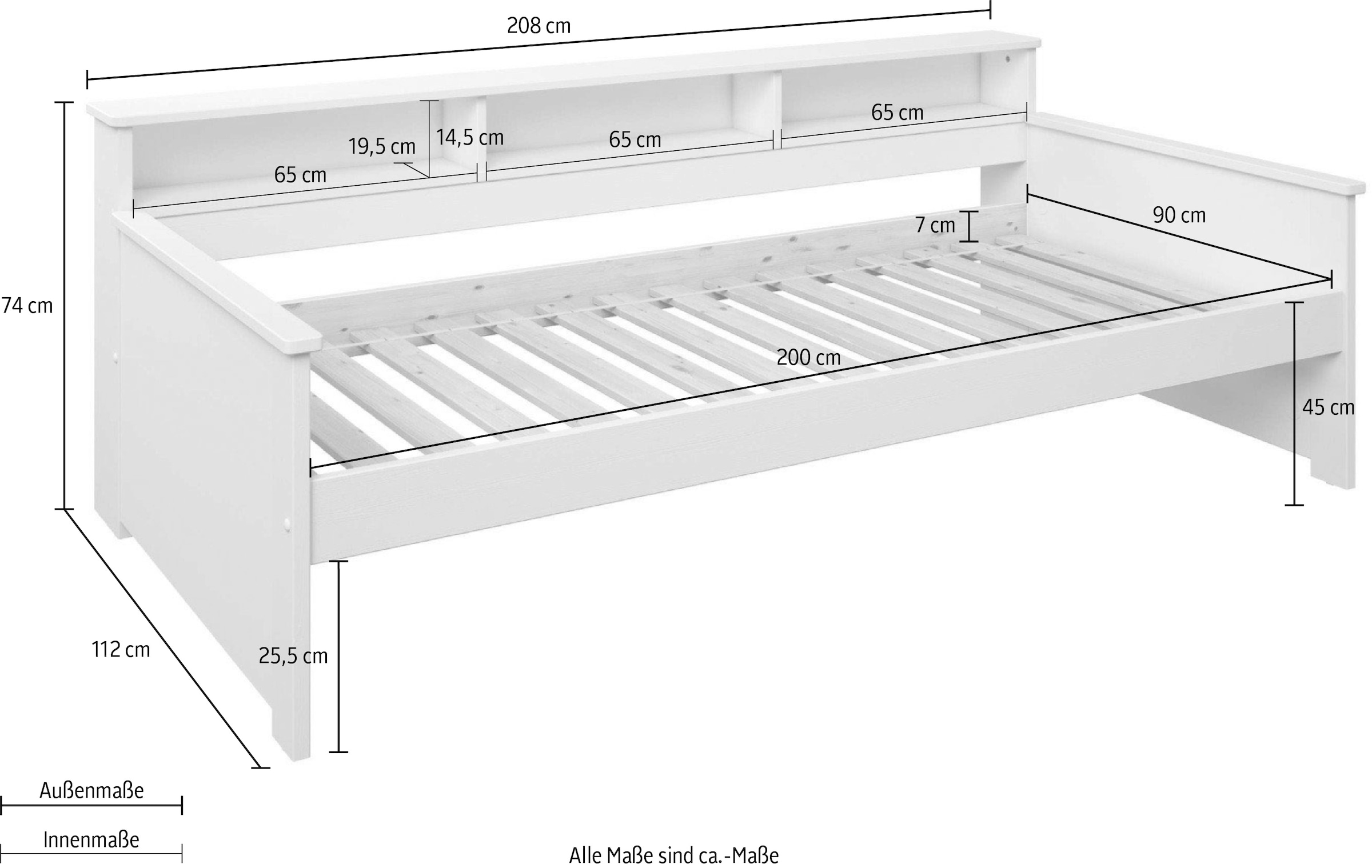 Home affaire Jugendbett »KERO, Daybed, Stauraumbett, platzsparend, Stauraum, 90x200cm«, zertifiziertes Massivholz, mit Ablagefächern, Schublade optional