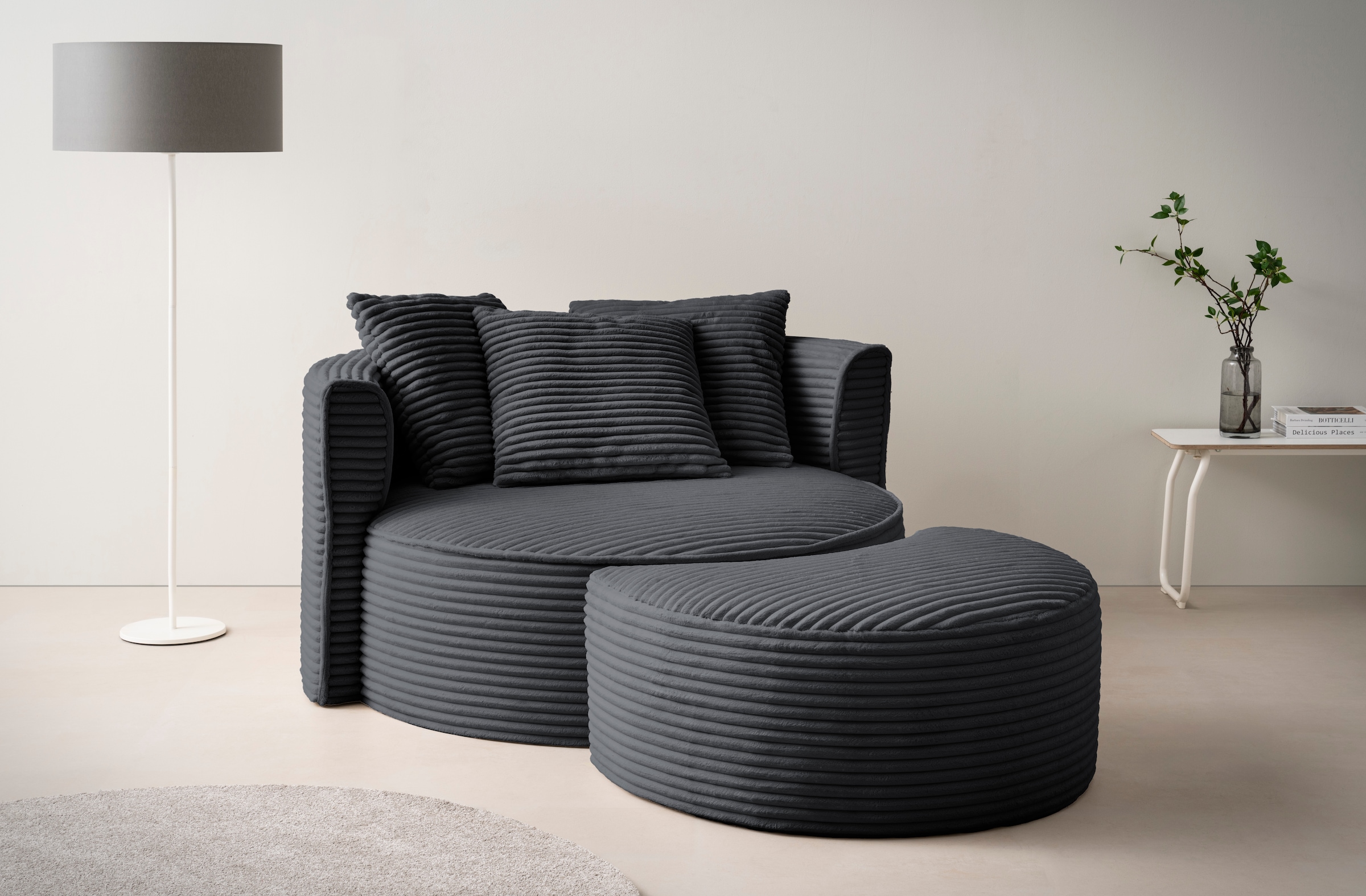 LeGer Home by Lena Gercke XXL-Sessel »Isalie, Rundsessel mit Hocker, Lesesessel, Loveseat, Big-Sessel«, (Set), trendige Stoffe, mit 3 Zierkissen, große Sitzfläche