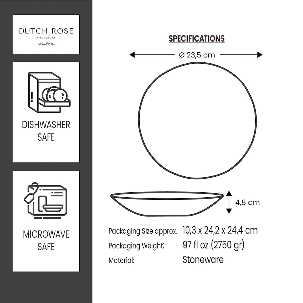 DUTCH ROSE AMSTERDAM Suppenteller »Dutch Rose Amsterdam Organic«, (Set, 4 St., Set/4: Suppenteller oder Salatteller 23,5 cm)