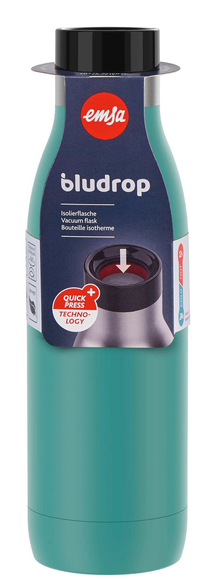 Emsa Isolierflasche »Trinkflasche Bludrop«, (1 tlg.), Edelstahl, Quick-Press Deckel, 360° Trinkgenuss, 12h warm/24h kühl