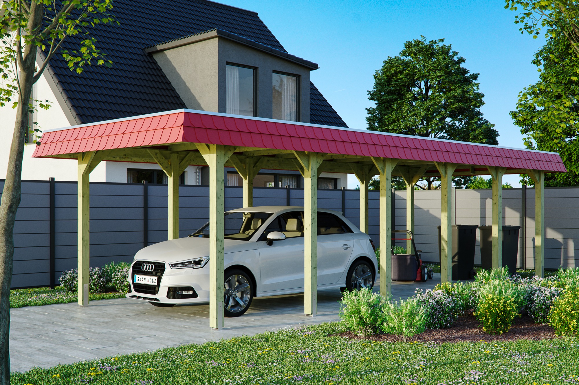 Skanholz Einzelcarport »Spreewald«, Nadelholz, 285 cm, Grün, mit Aluminiumdach, rote Blende