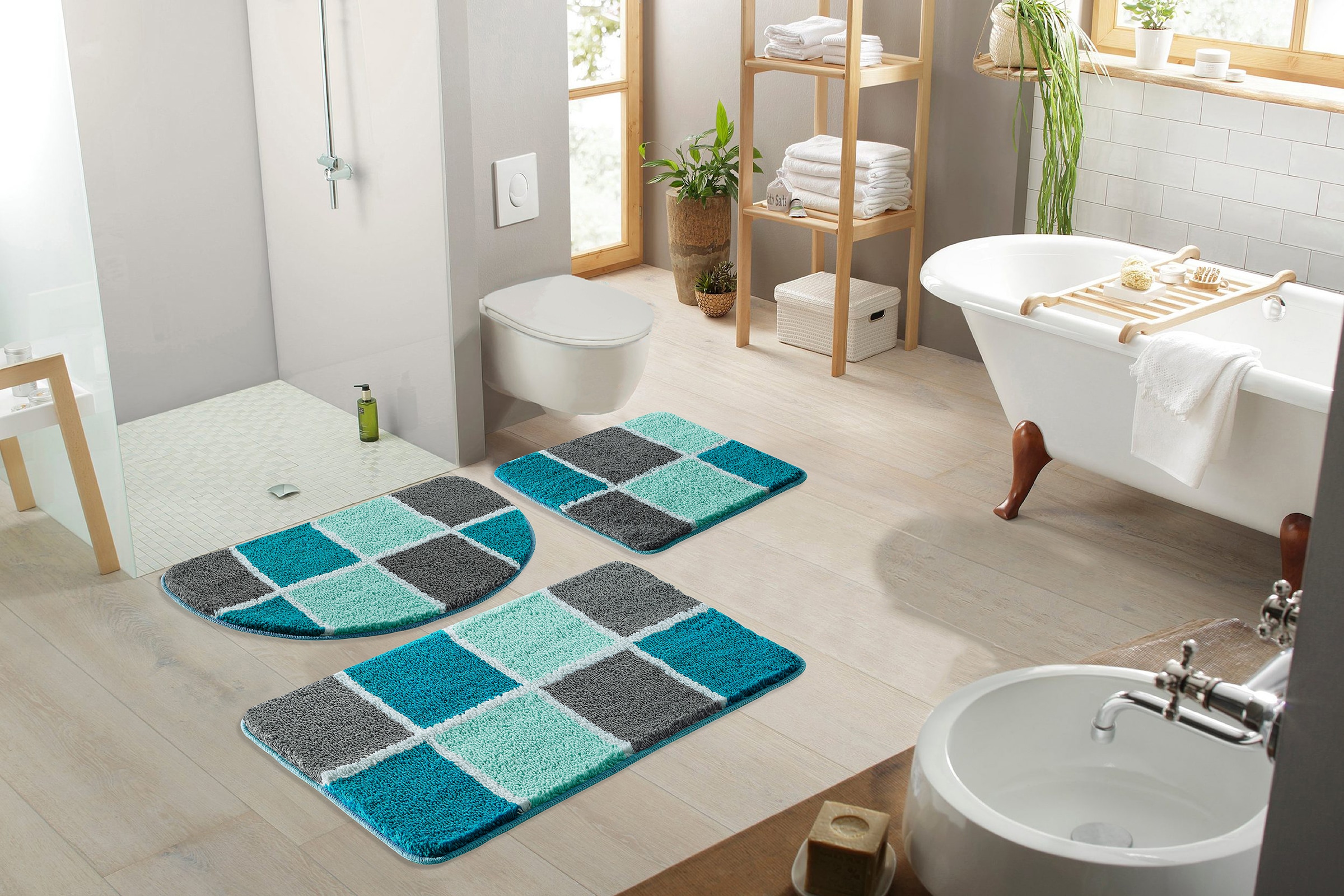 my home Badematte »Anna mit Kachelmuster, Badvorleger, Badezimmer Teppich, Duschvorleger«, rutschhemmend beschichtet, strapazierfähig, Badteppich, Hoch Tief Effekt, Modern, Weich