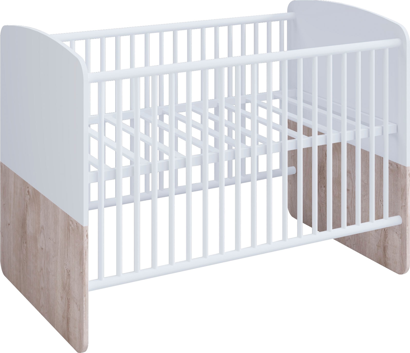 Babybett, Babybett mit Liegefläche 70 x 140 cm, höhenverstellbarer Lattenrost, Weiß/Eiche Desmond Lattenrost