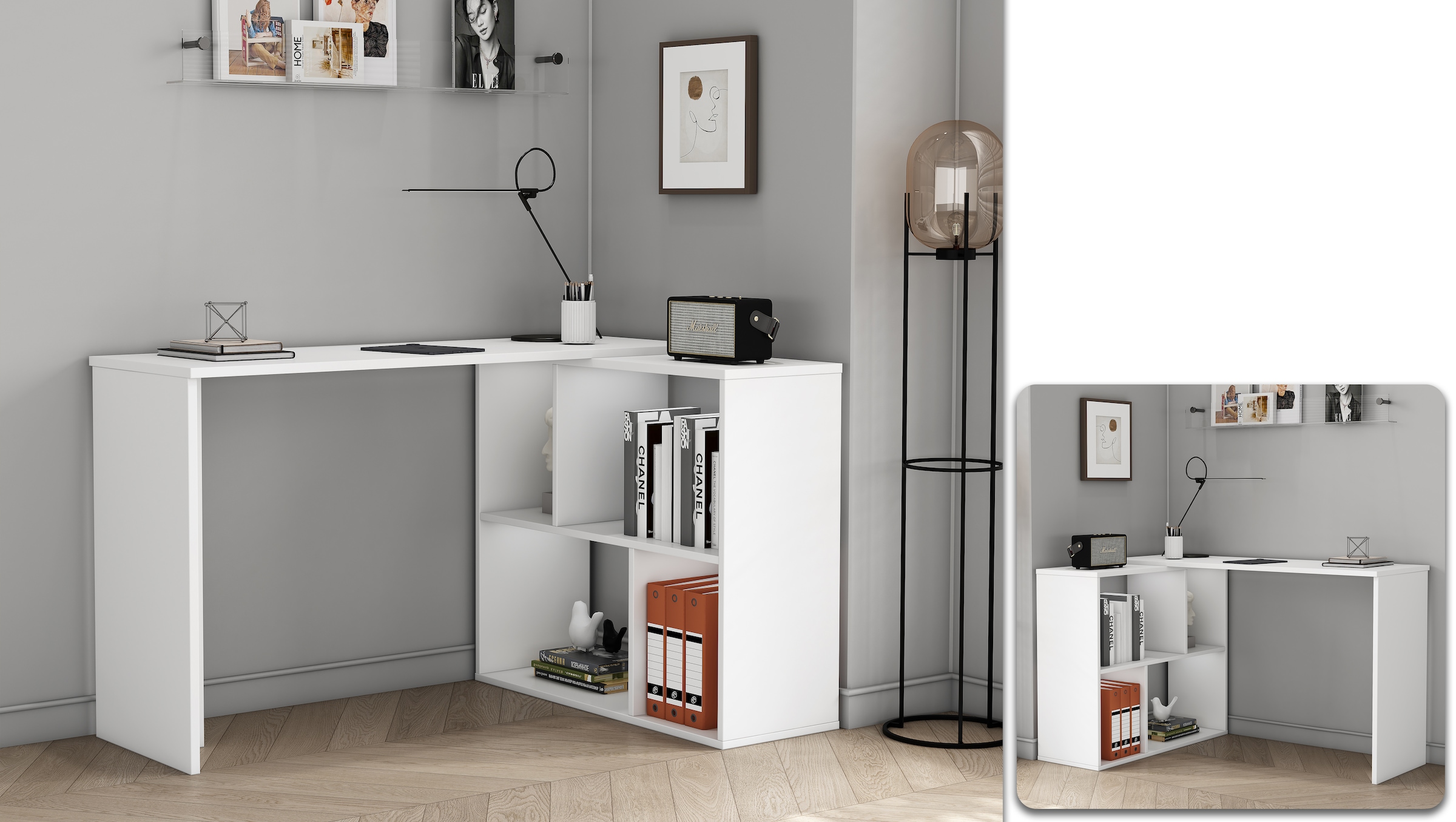 OTTO home Eckschreibtisch »Jaaron« mit vier offenen Fächern, modernes und elegantes Design