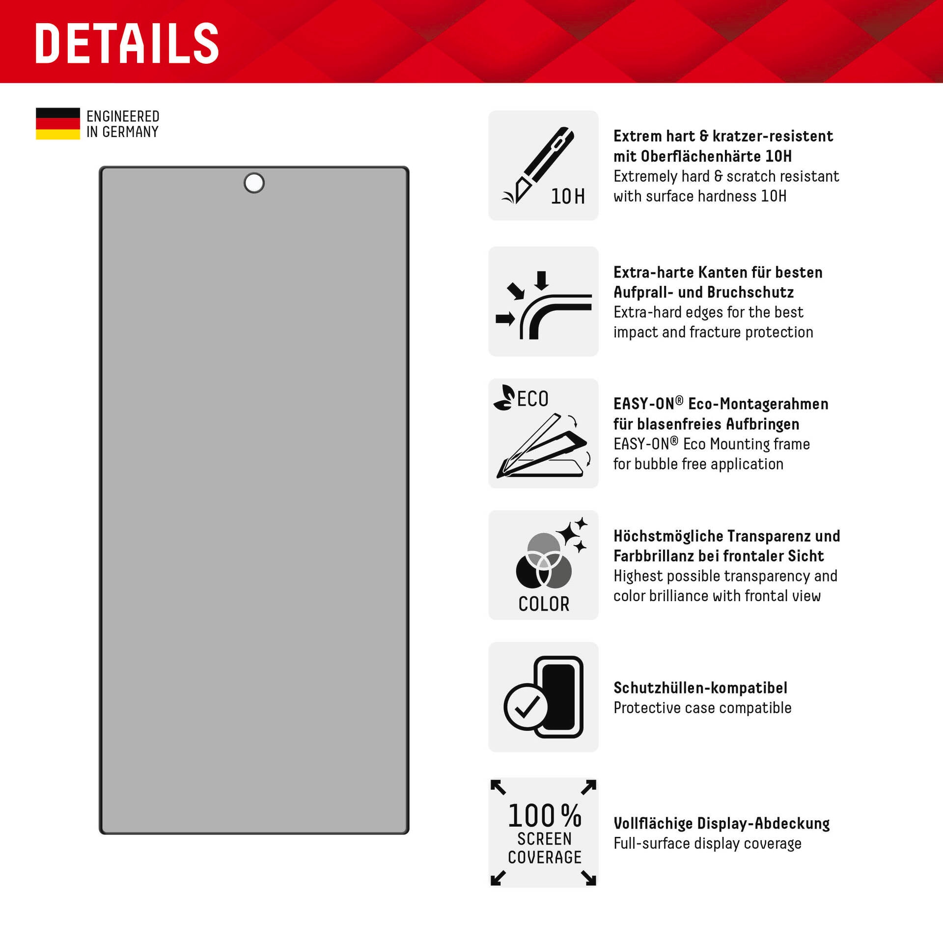 Displex Displayschutzglas »Privacy Glass«, für Samsung Galaxy S24 Ultra, Blickschutz Displayschutzfolie Displayschutz kratzer-resistent 10H