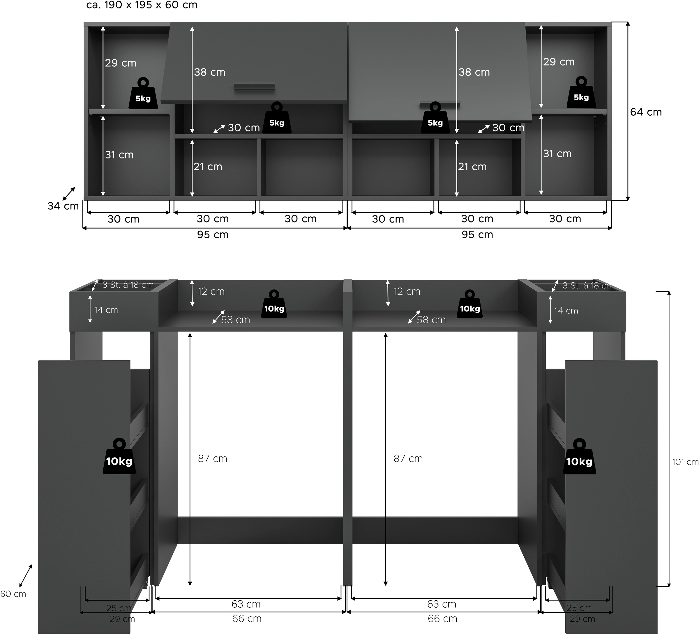 welltime Badmöbel-Set »FALAS, TOPSELLER!, 6-teilig, Hauswirtschaftsraum Set, Breite 190 cm«, (Set, 6 St., 2x Waschmaschinenumbauschrank, 2x Standregal & 2x Hängeschrank), Kombination, Waschmaschinenumbau, Waschmaschinenschrank, Wäschekammer